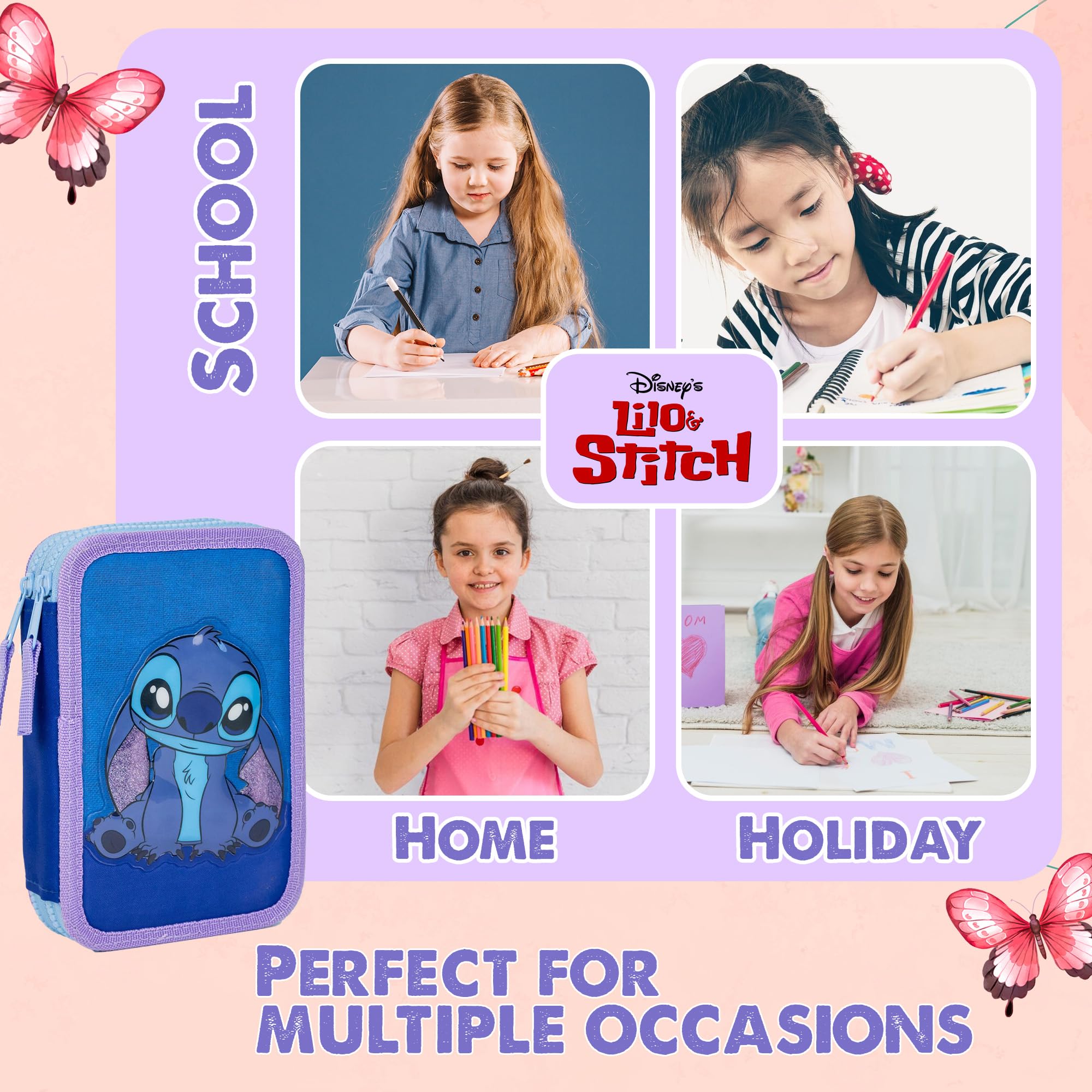 Disney Stitch Filled Pencil Case with School Supplies Kids Stationary Colouring Pencils Markers Gift for Girls (2 Compartments) - Image 3