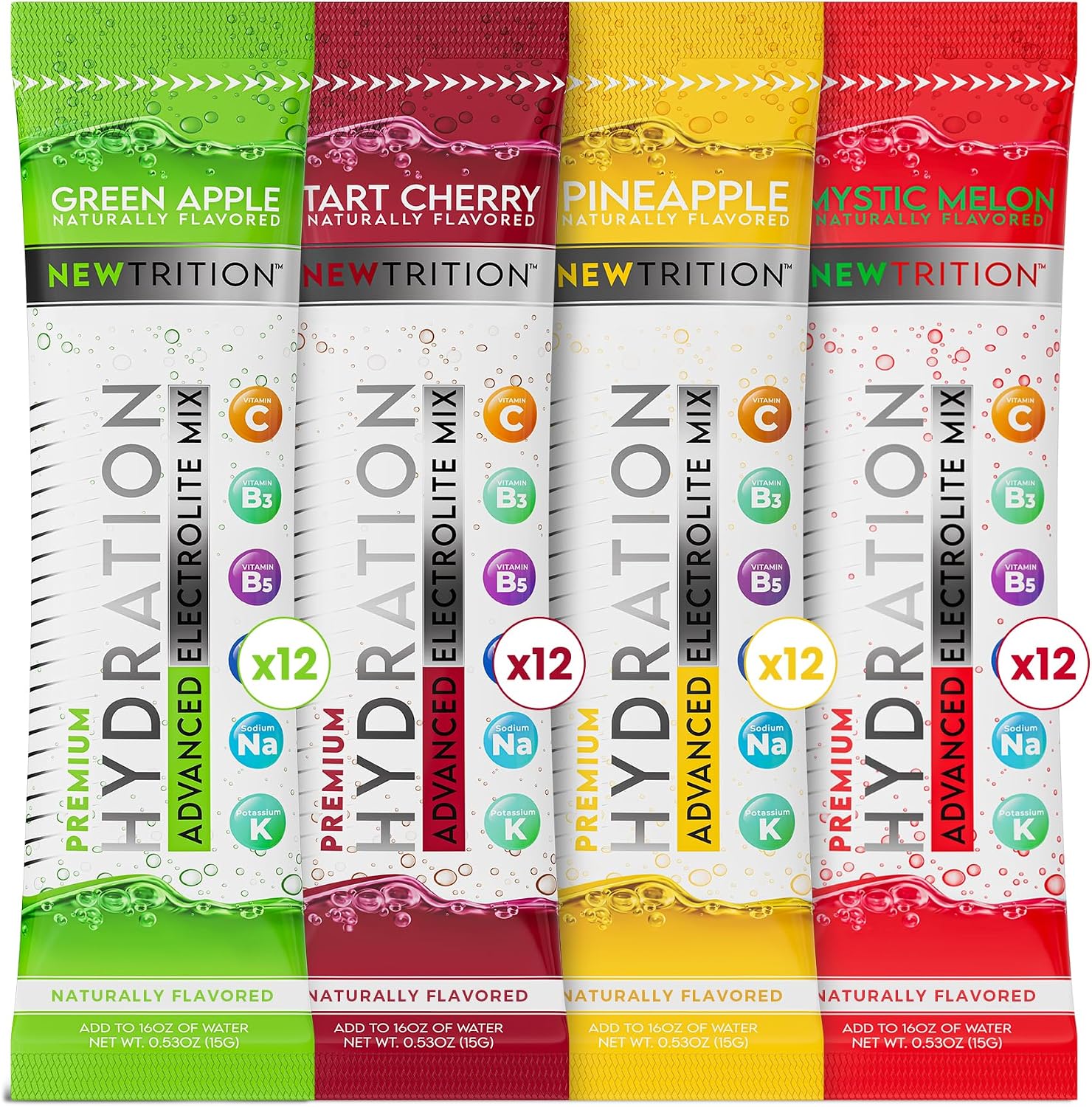 NewTrition® Hydration Powder - Pack of 48 Electrolyte Powder Packets, Naturally Flavored Hydrating Packets for Water, Electrolytes with Vitamins Green Apple, Tart Cherry, Pineapple, Mystic Melon