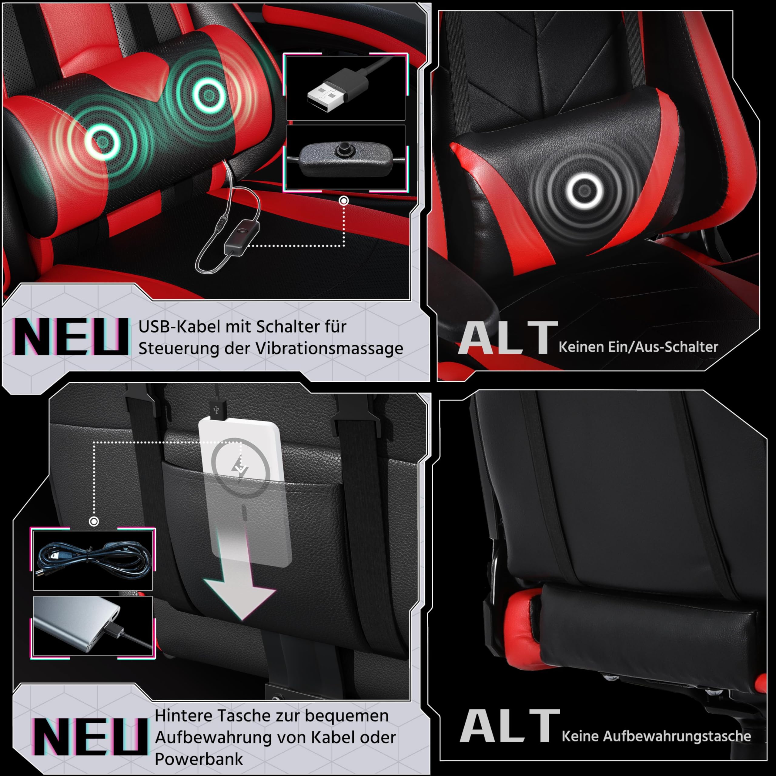 Yaheetech Gaming Stuhl Ergonomischer Gaming Sessel mit Massagefunktion Computerstuhl mit Fußstütze Bürostuhl 90-135° Rückenlehne verstellbar Gamer Stuhl für für Homeoffice und Gaming Rot – Bild 7