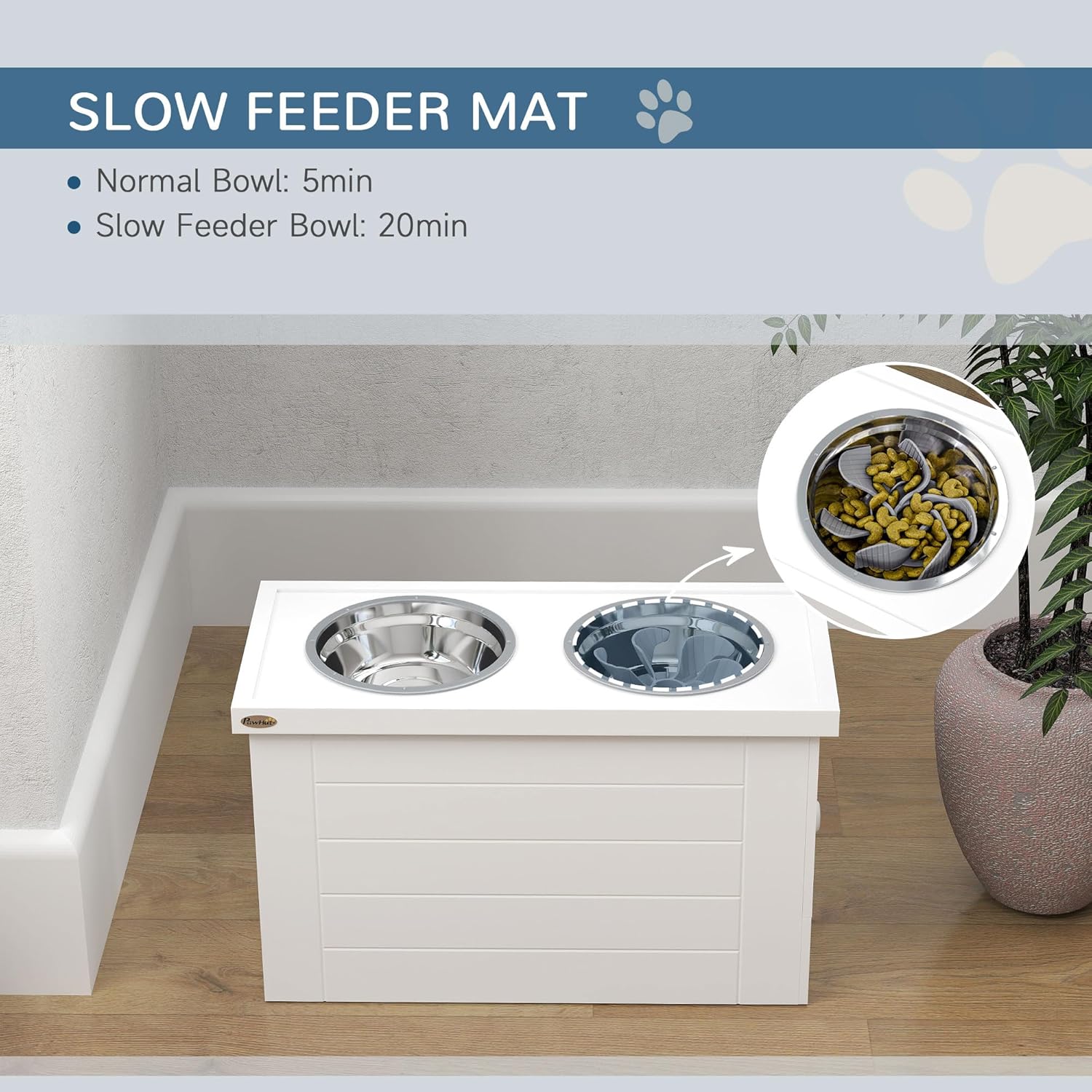 PawHut Elevated Dog Bowls with Semi-Auto Dispenser & Slow Feeder Mat, Pet Feeding Station with 3 Stainless Steel Bowls, Storage Cabinet, Raised Pet Bowls for Large & Extra Large Dogs, White