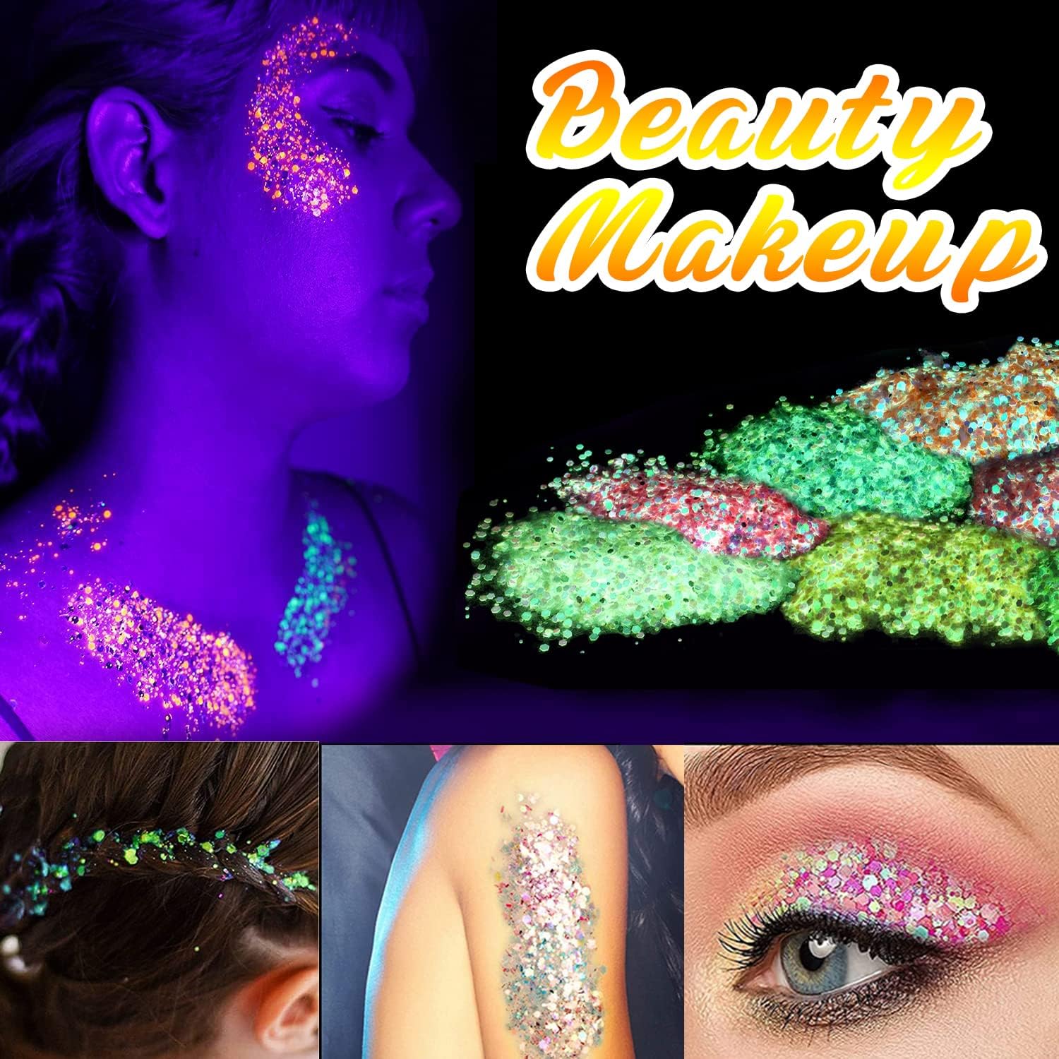 Glow in The Dark Glitter, JEMESI 12 Colors Luminous Chunky Glitter, 0.42oz/Bottle, High Luminance Cosmetic Grade Glitter, Craft Glitter Set for Resin, Nail, Body, Face, Slime, Tumblers, Halloween : Beauty & Personal Care