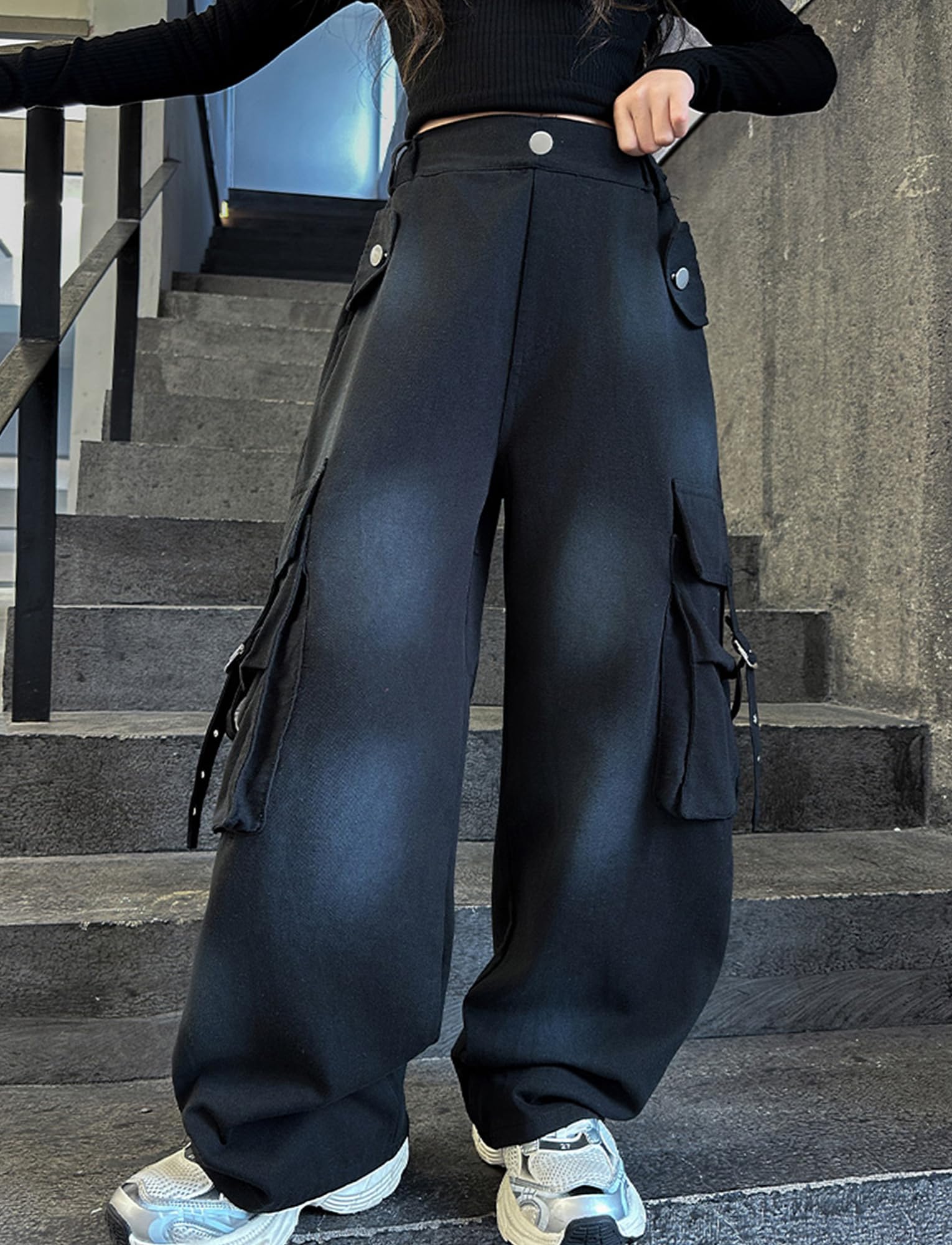 SEAUR Dziecięce dżinsy cargo Y2K Baggy Multi kieszenie, spodnie cargo, gumowy ściągacz, spodnie dżinsowe hip hop, streetwear czas wolny, vintage, 120-170 = (EU 110-164)