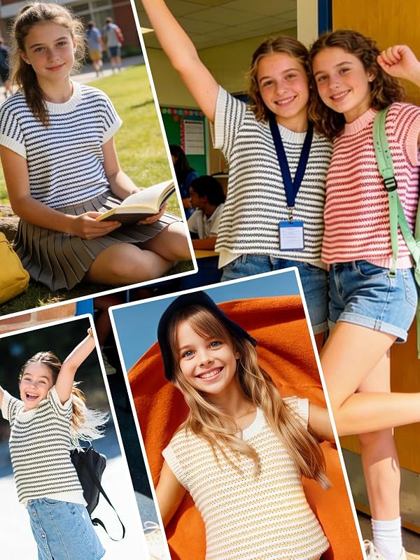 Seiciviy Girls Summer Cute Tops School Picture Day Teen Tween Sweater Vest Striped Short Sleeve Trendy Knit Vest Navy by Seiciviy - Image 5