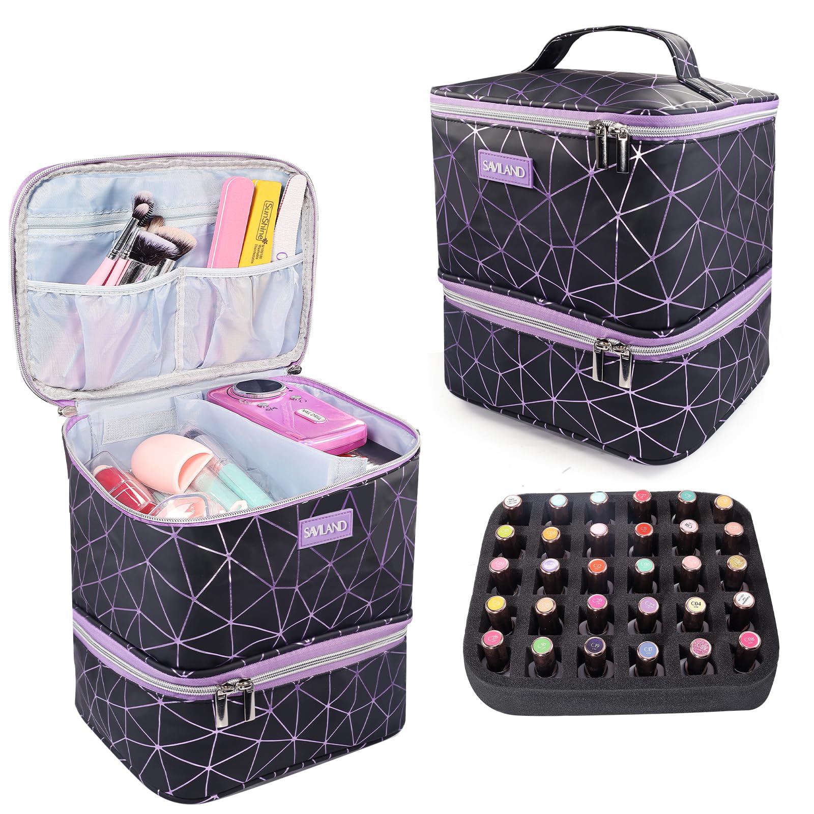 SAVILANDNail Polish Organizer Bag: PU Leather Nail Kit Organizer Holds 30 Bottles & Nail Lamp, Black Nail Supply Organizer Nail Polish Carrying Case Gel Nail Organizers and Storage Box for Nail Tech