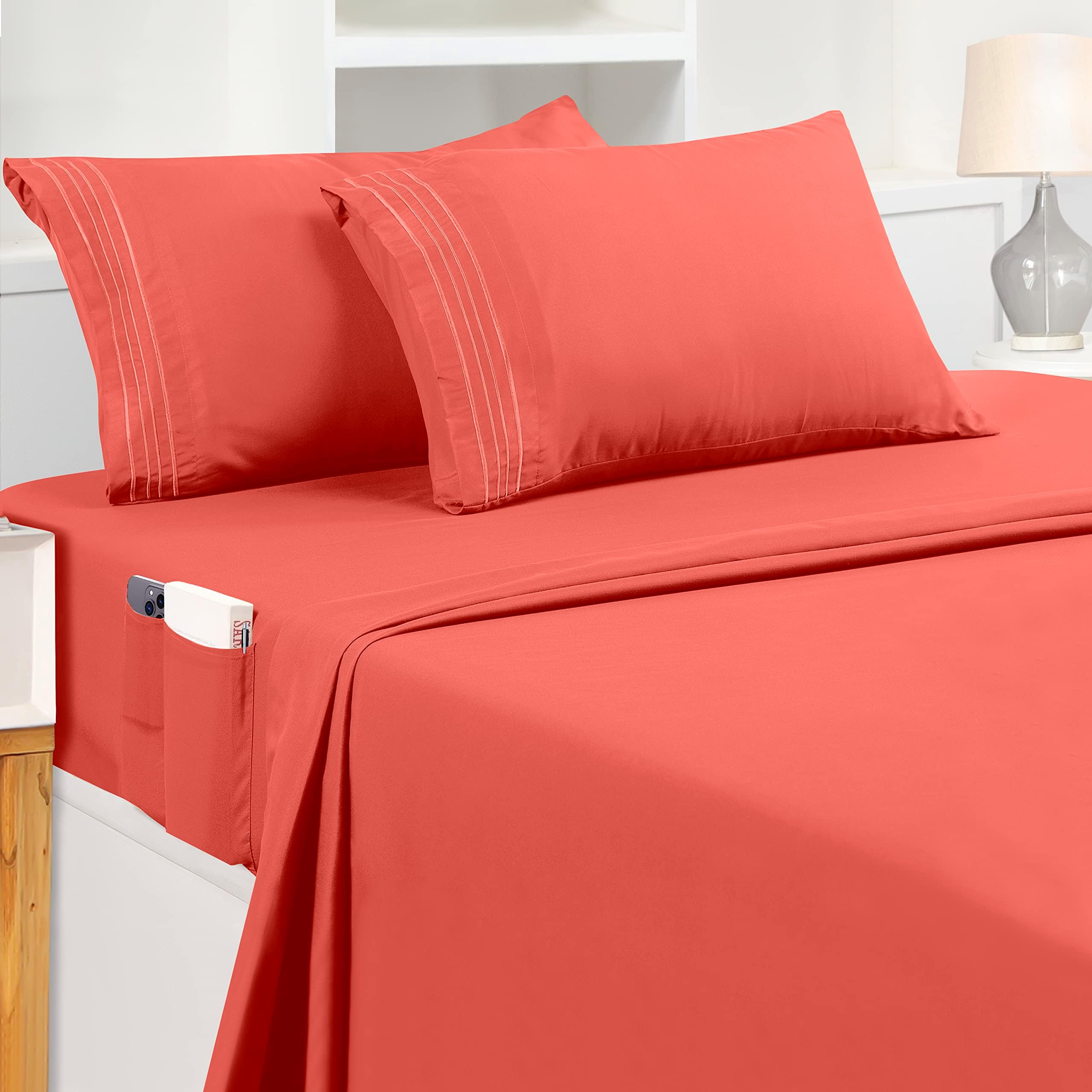 Utopia Bedding Queen Size Sheet Set, Soft Microfiber 4 Piece Hotel Luxury Bed Sheets with Deep Pockets - Embroidered Pillow Cases - Side Storage Pocket Fitted Sheet - Flat Sheet (Coral)