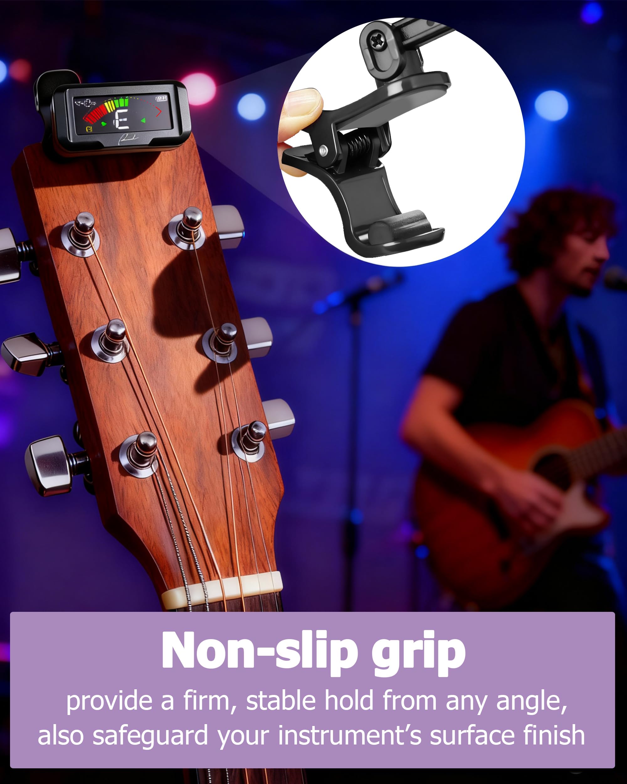 Ranch Accordatore ricaricabile per chitarra, accordatore a clip per chitarra acustica/elettrica, ukulele, violino, basso, con modalità di sintonizzazione cromatica