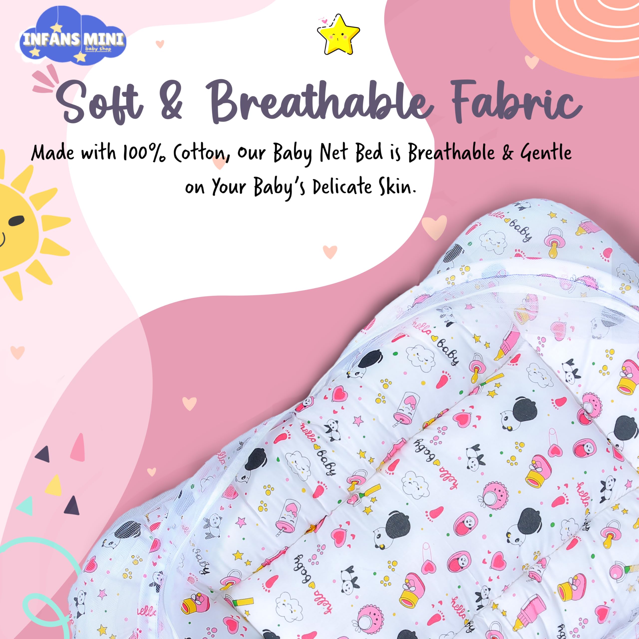 Infans Mini Baby Bedding Set for New Born Baby Sleeping Bag, Mosquito Net Bed Suitable Upto 6 Months Babies (Panda Pink) 1