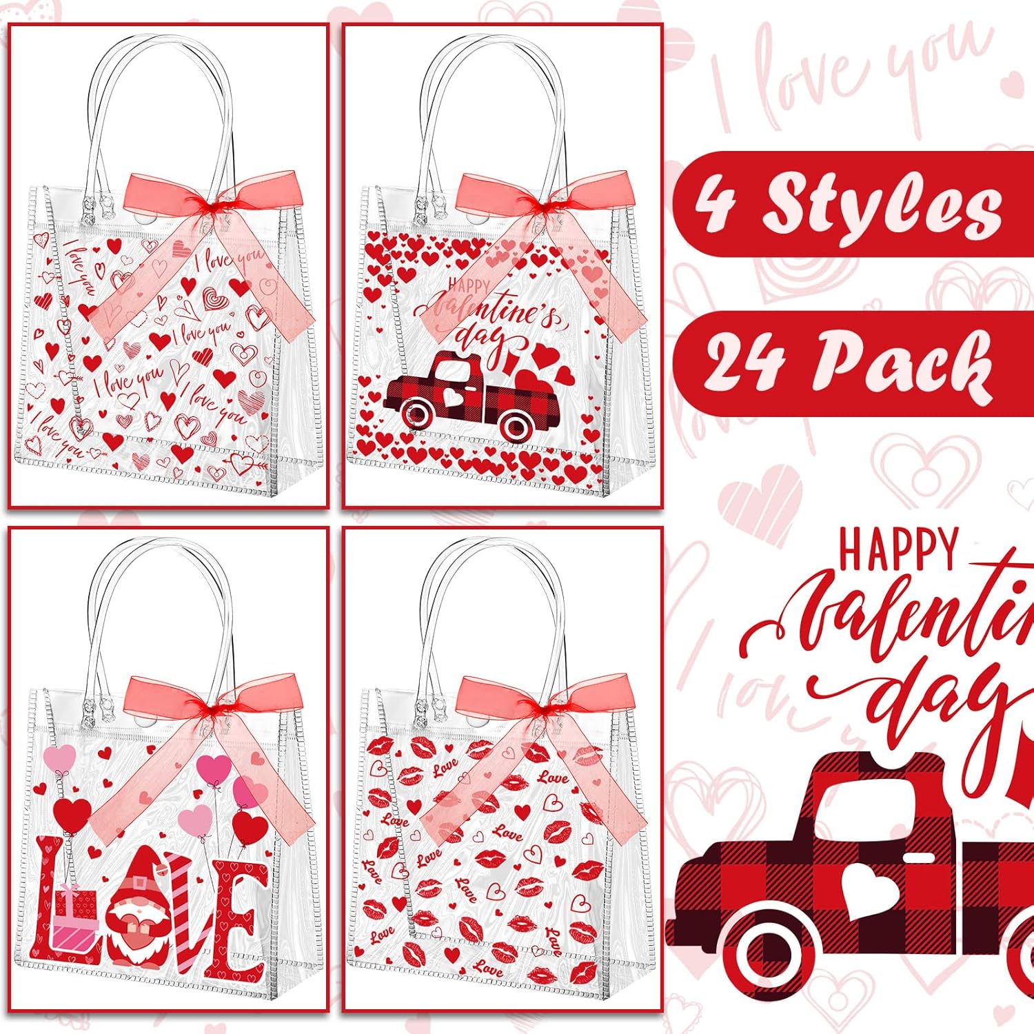 Abbylike 24 Pcs Valentine's Day Heart Clear Gift Bags 7.87 x 3.15 x 7.87 in Love Kiss Tote PVC Shopping Clear Bags with Handles Red Ribbon Supplies for Wedding and Valentine Party Supplies - Image 5