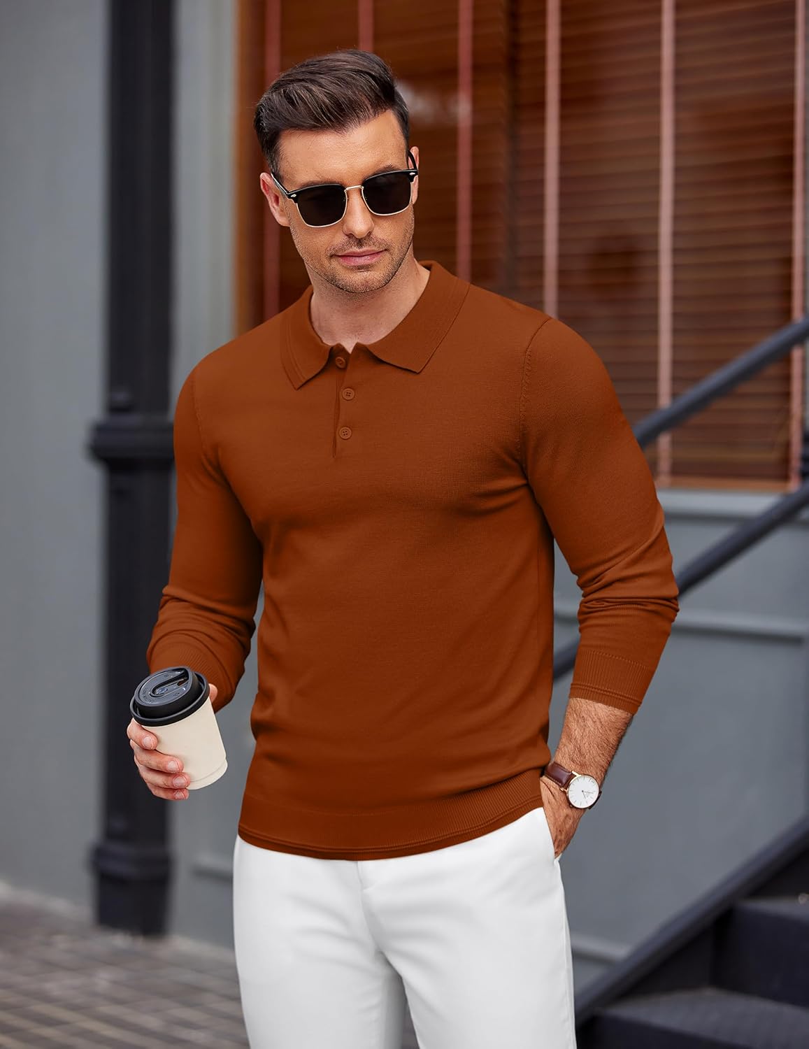 COOFANDY Mens Knit Polo Sweater Long Sleeve Casual Golf Polo Lightweight Dress Button Collar Pullover Sweaters - Image 3
