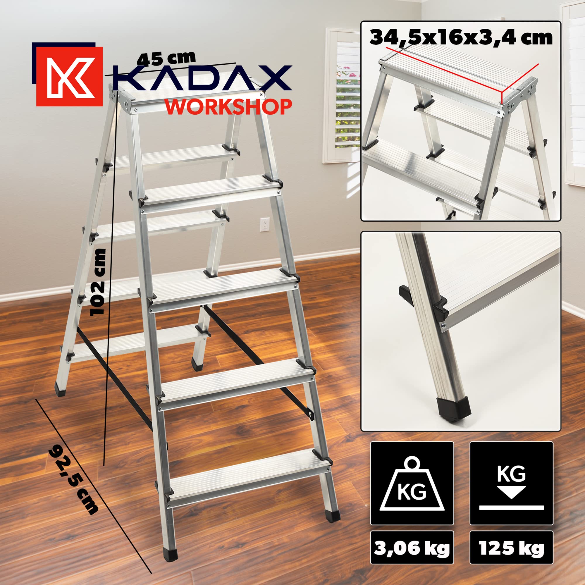 KADAX Escabeau alu 5 marches Pliable | jusqu'a 125kg | Pieds antiderapants | Menage Peinture Atelier | Leger transportable