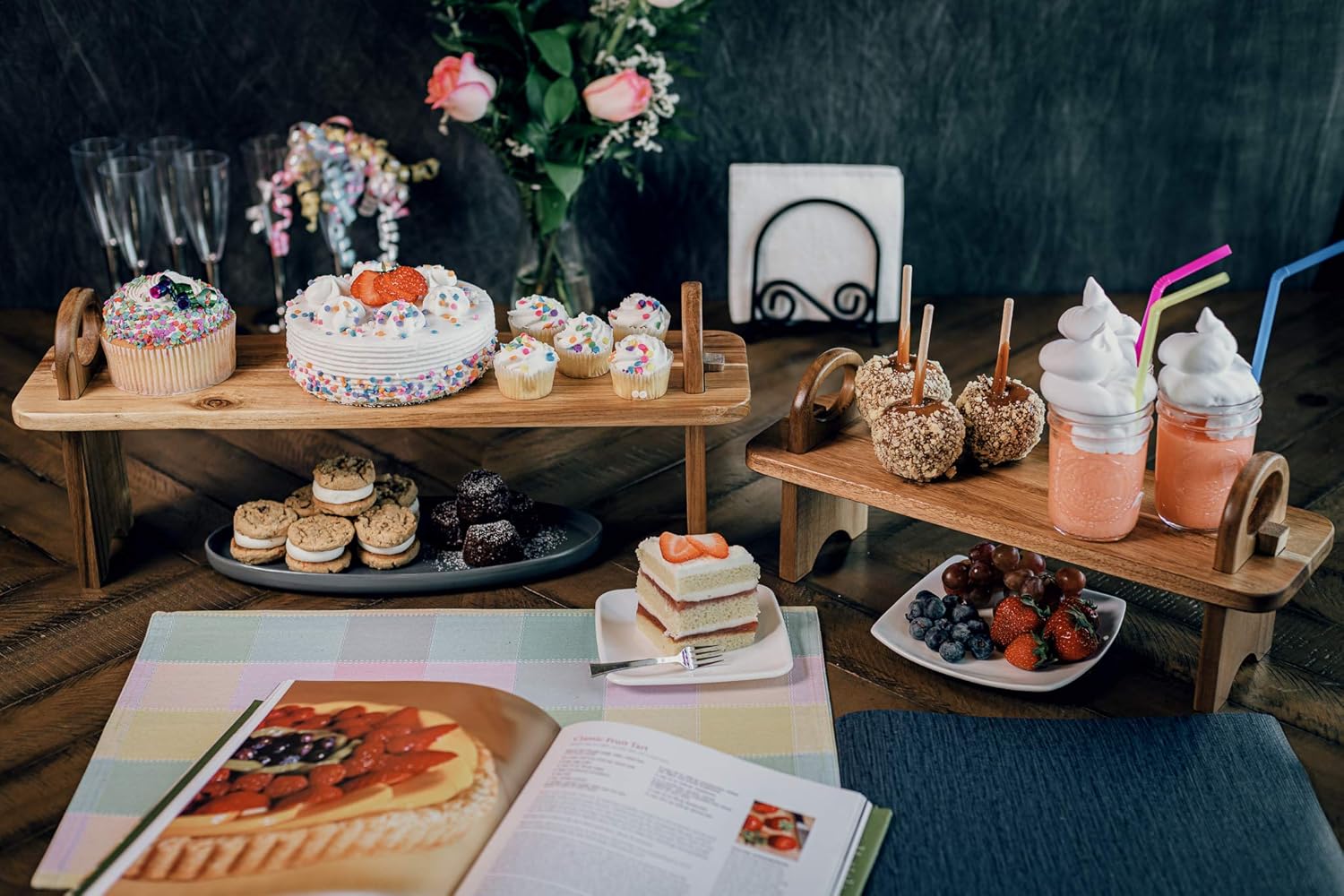 Acacia Wooden Serving Board on Stand – Raised Wood Serving Trays Platter – Home Kitchen Countertop Organizer Shelf & Large Charcuterie Tray for Cheese Party Food 21.5 X 6 x 8.7 inches