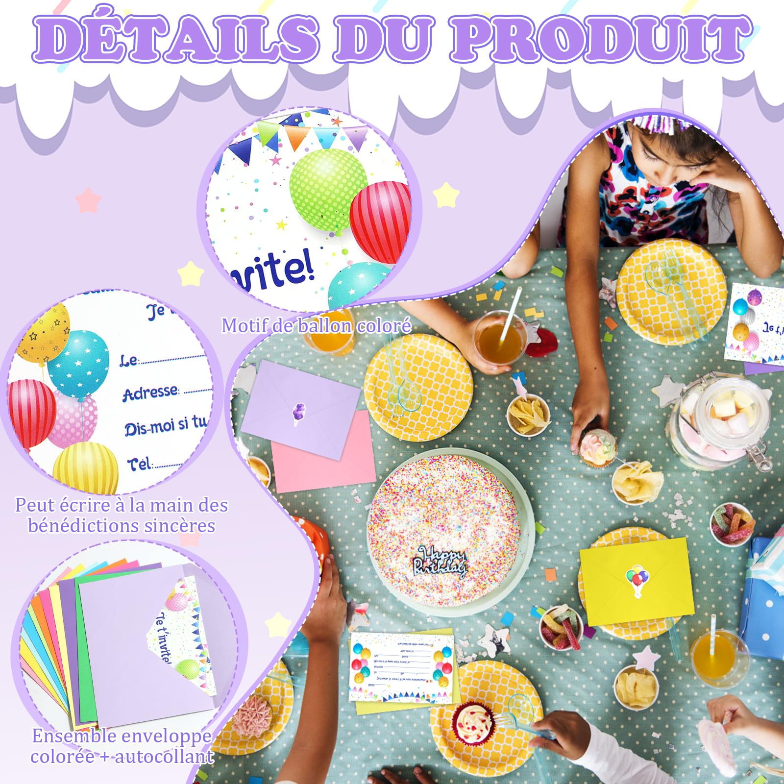 Scettar 12 Cartes Invitation Anniversaire Fille Ballons colorés thème, avec 12 Couleur Enveloppes anniversaire Enfant, Pour Invitations de fête,Anniversaire