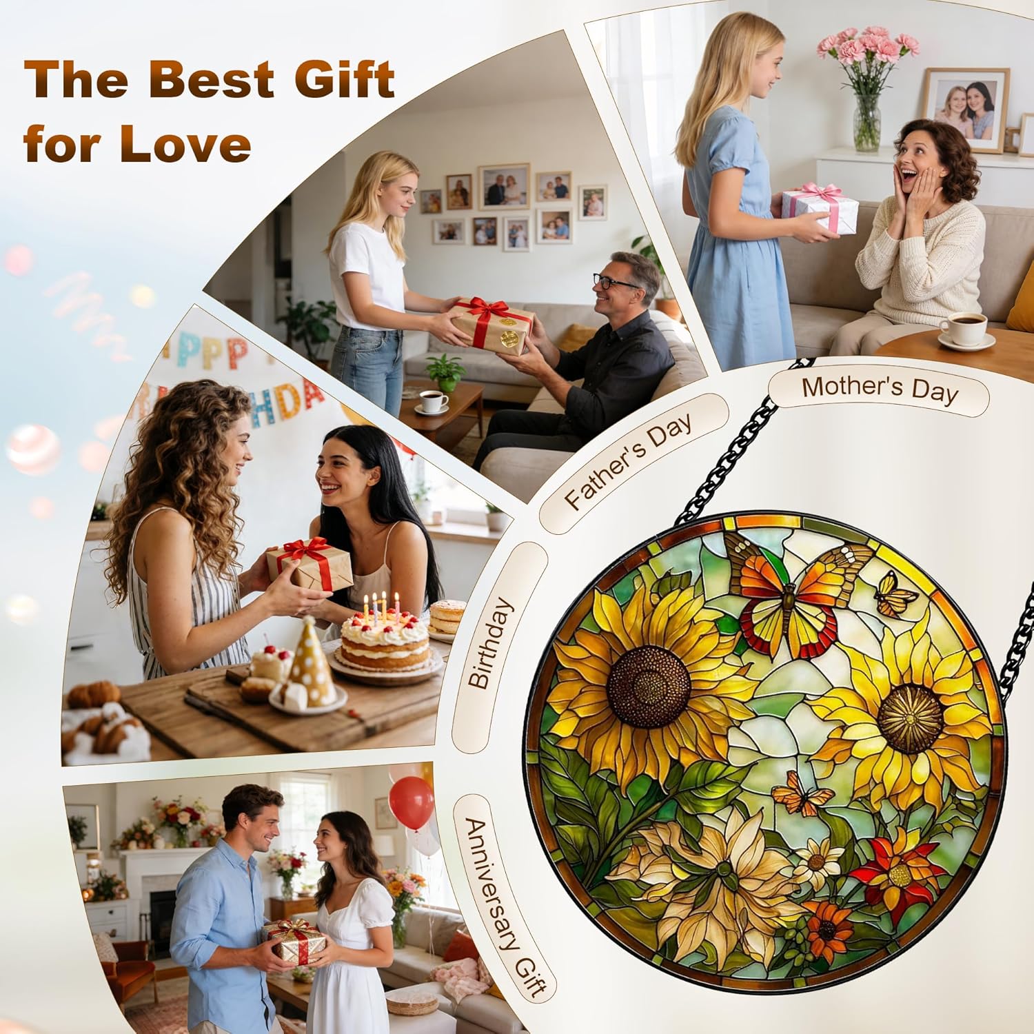 Stained Glass Window Hanging, Sunflower Sun Catchers Glass Panel Yellow Suncatcher Decor for Birthday, Women, Men, Wife, Aunt, Lovers, Home Garden 7.8 in