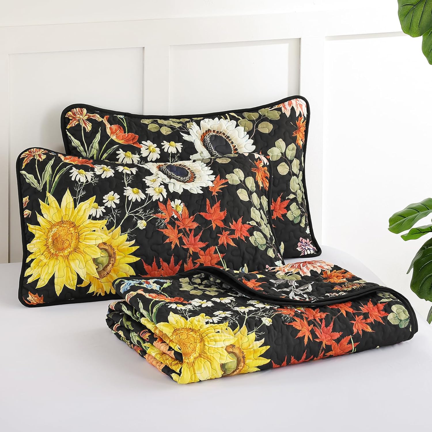 Yiran Floral Quilts Queen Size, Black Yellow Sunflower Botanical Fall Bedspread Bedding Set, 3 Pieces Colorful Soft Lightweight Microfiber Coverlet with 2 Pillow Shams for All Season 96x90 Inch - Image 9