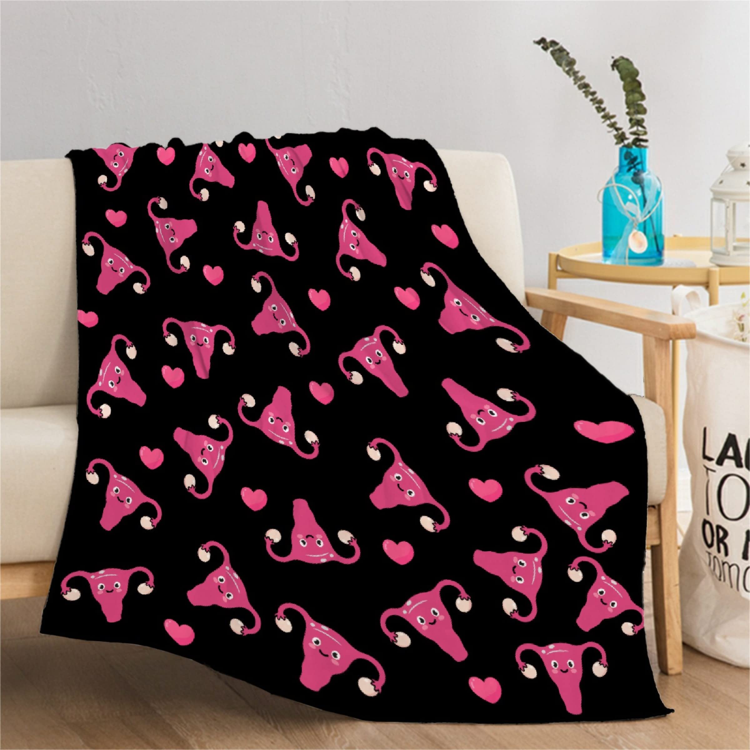 Thuswarm Cute Uterus Heart Flannel Throw Blanket Warm Cozy Soft Funny Print Blankets for Bed Couch Sofa Room Decoration Gifts 60
