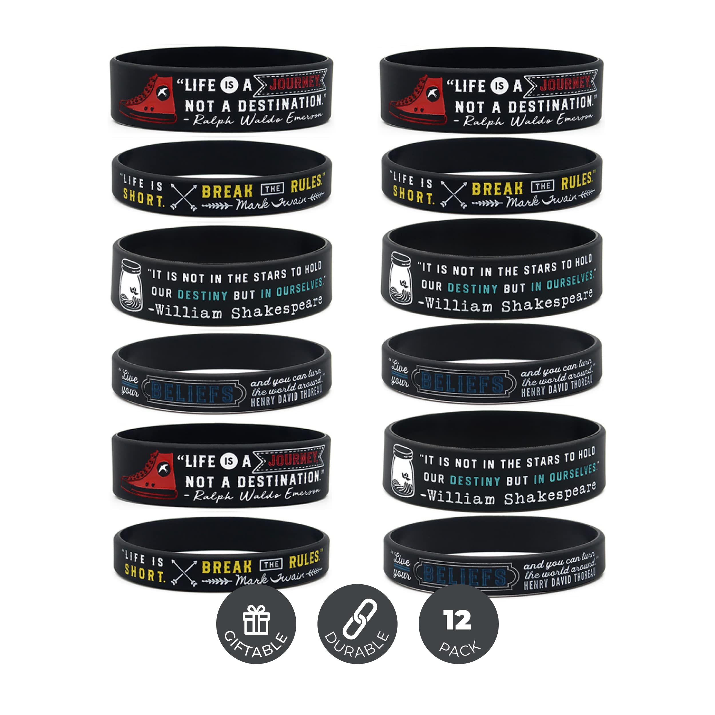 Inkstone Inspirational Bracelets 12-pack with Quotes by Great Writers - Wholesale Bulk Literary Gifts for Book Lovers Bookworms Readers English Literature Students - Book Club Party Favors Supplies