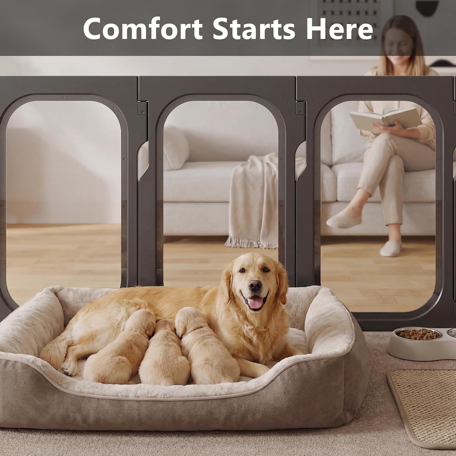 Acrylic Clear Dog Playpen Indoor with Door, 26'' H Transparent Dog Play Pen for Small Dogs, No-Connector Modular Puppy Playpen with Integrated Suction Cups Base, 10 Panels, Black