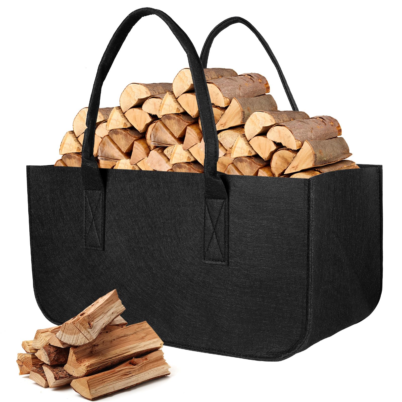 AiQInu Cesta de fieltro Cesta de leña, Plegable Cesta de Fieltro, 50x25x25cm Bolsa de Fieltro para Almacenar Leña de Chimenea y Más para Transportar Madera, Guardar Juguetes, Madera, Periódicos