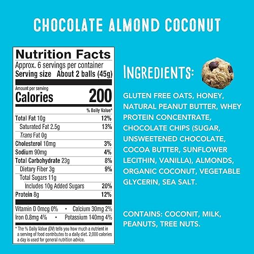 Miniatura 2 de simplyFUEL Bolas de proteína integral con probióticos, bocadillos de proteína de coco y almendras de chocolate, 0.28 oz de proteína, bolas