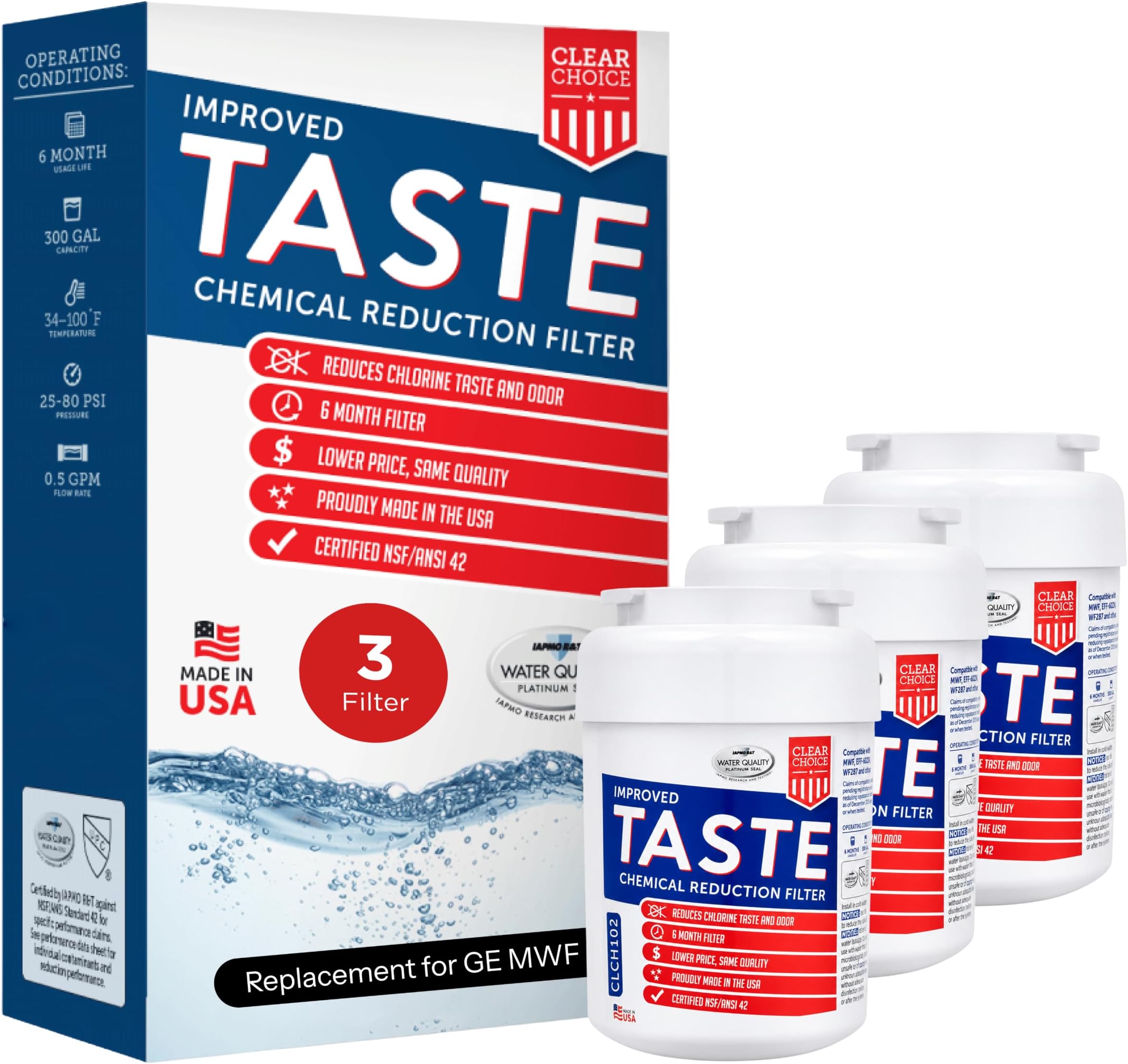 Taste Filter Replacement Compatible for GE MWF Refrigerator Water Filter WF287 EFF-6013A FMG-1 FMG1 Refrigerator Water Filter, NSF/ANSI 42, Box of 3, Made in the USA