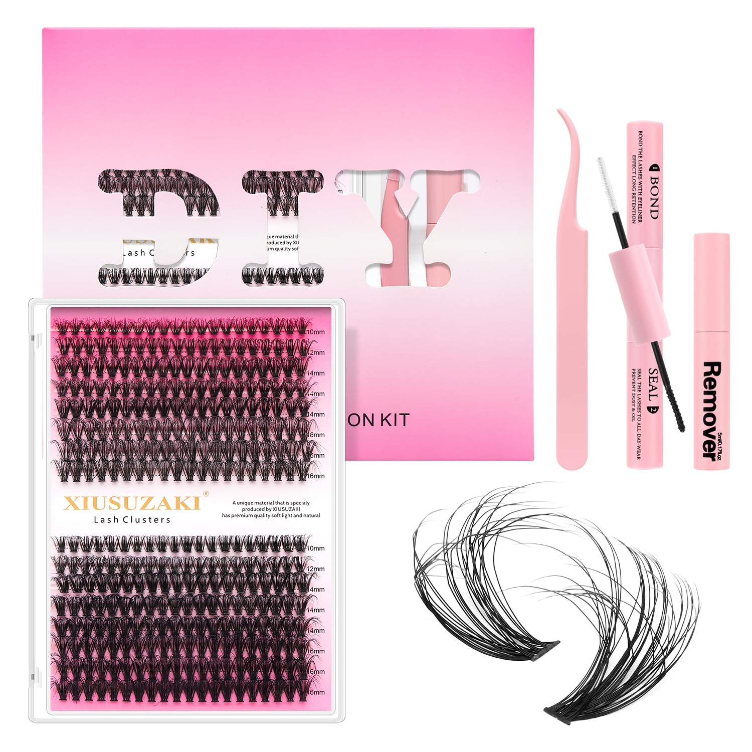 XIUSUZAKI DIY Lash Extension Kit Individual Lash Clusters Kit 280Pcs with Lash Bond and Seal and Remover Tweezers for Lash Cluster Extensions Kit for