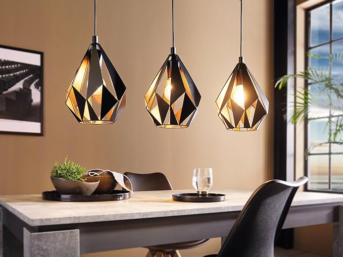 Eglo EGLO pendellamp CARLTON 1, 3 lichtbronnen Vintage pendelarmatuur, retro hanglamp van staal, kleur: zwart, koper, fitting: E27 photo 2