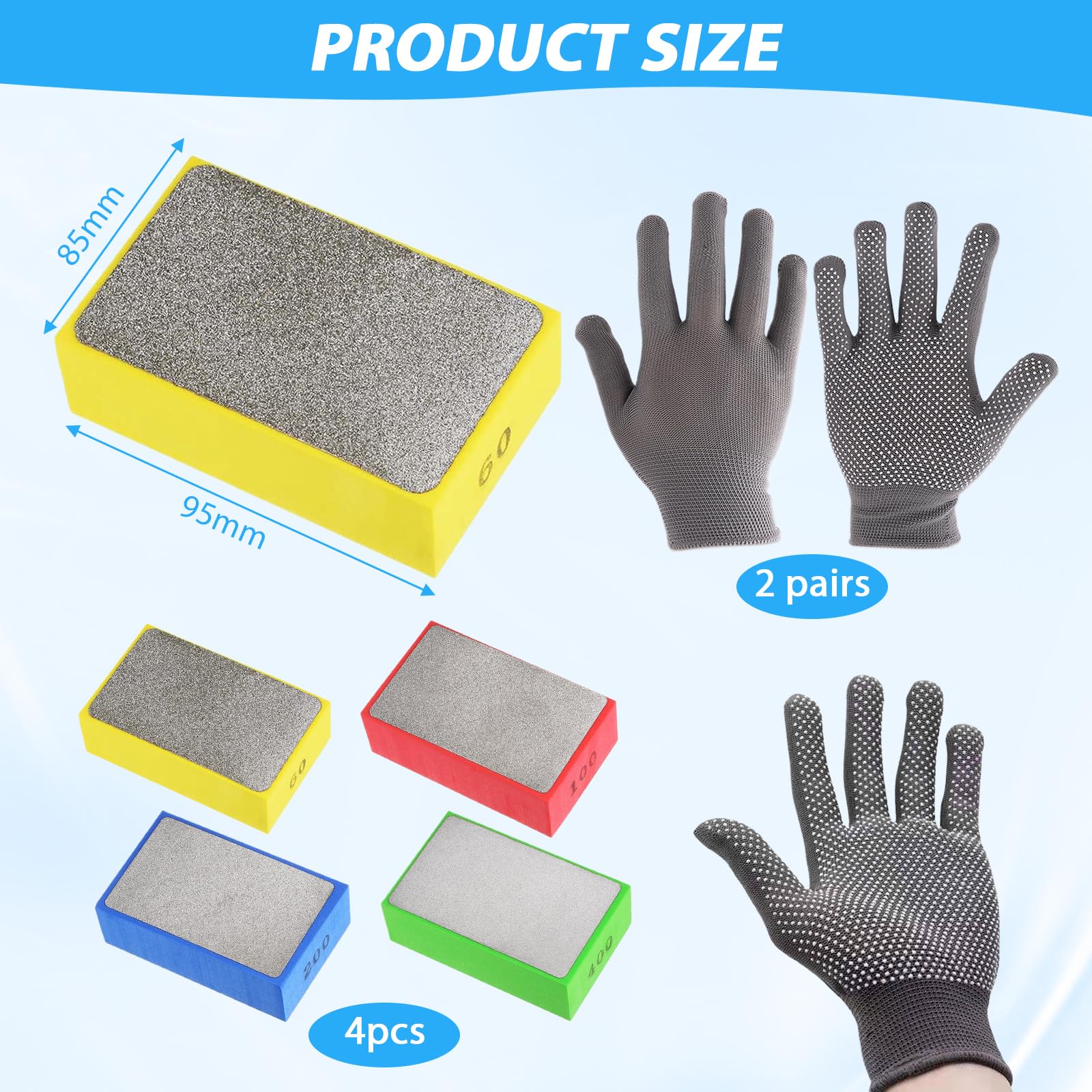 4 pezzi di tampone abrasivo diamantato, fornito con 4 pezzi Punteggiati, guanti in nylon antiscivolo, per levigatura di vetro, smerigliatrice diamantata, levigatura di piastrelle, levigatura e