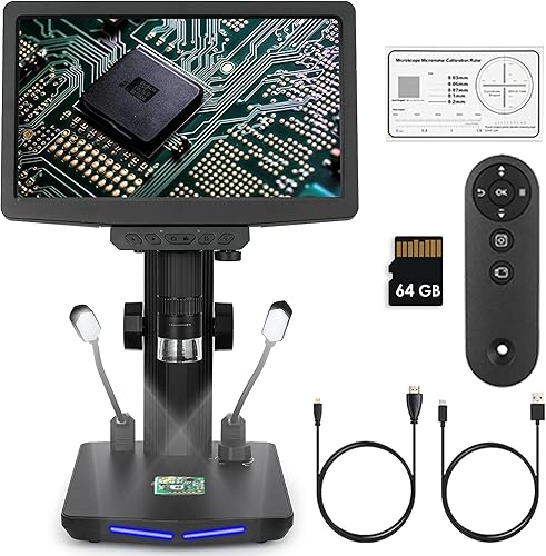 Microscopio digital HDMI, pantalla de 10.1 pulgadas, microscopio de moneda 1600X, imagen de video 1440P de 48 MP, aumento recargable para adultos,