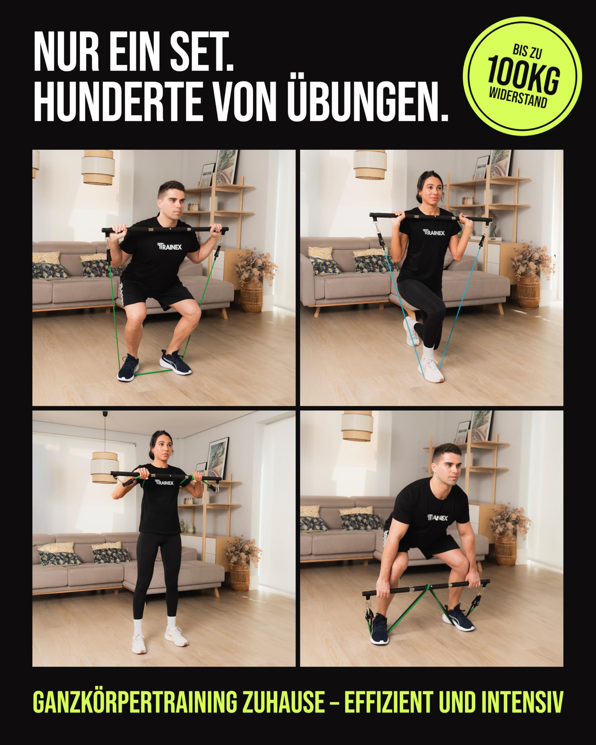 Fitnessbänder mit Trainingsstange | Widerstandsbänder Set bis 100 kg | Hochbelastbare Latex Trainingsbänder für Krafttraining | Kompaktes Home Gym für Zuhause