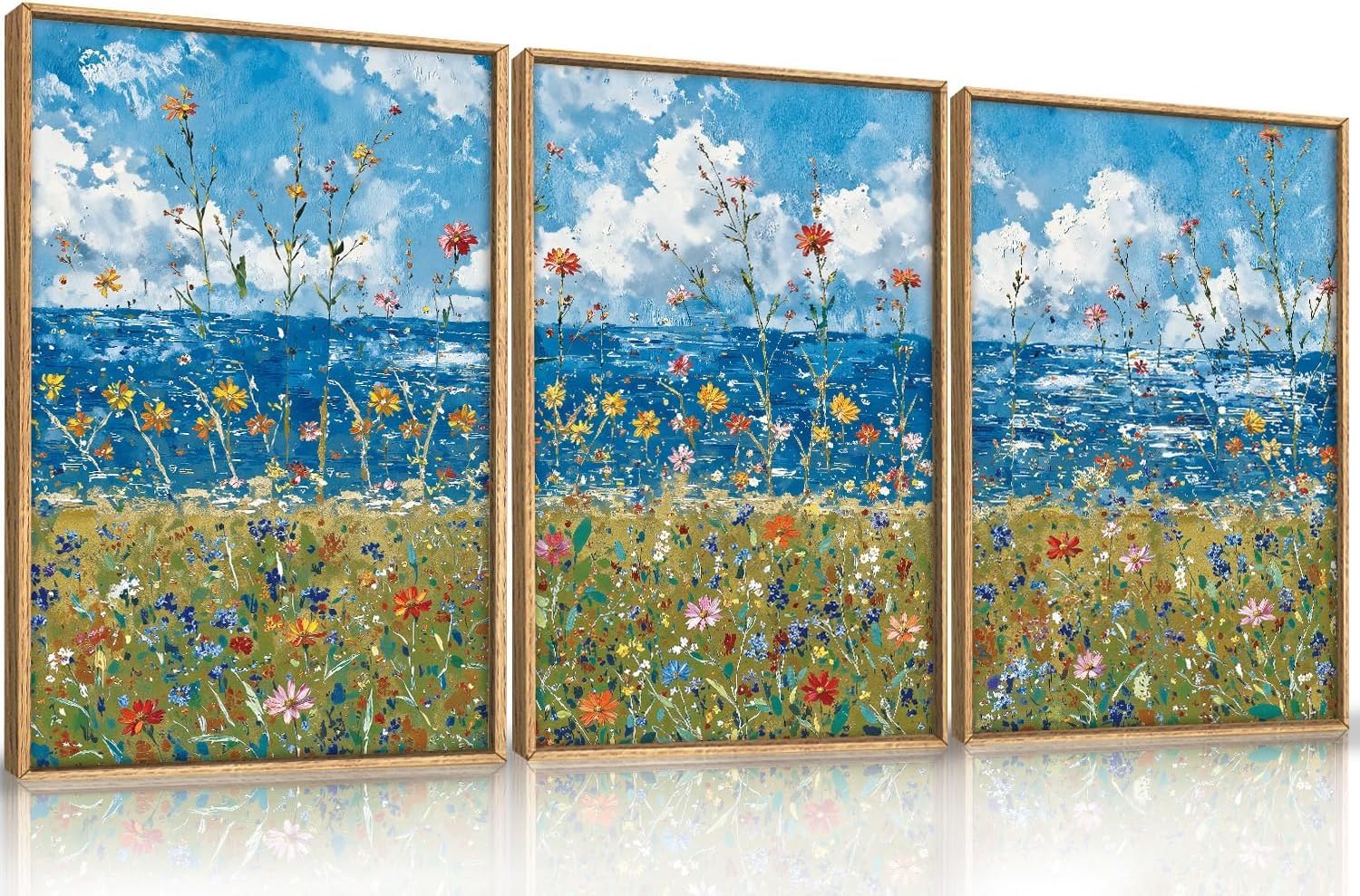 HPNIUB Large Modern Coastal Wildflower Framed Canvas Wall Art,Vintage Seaside Wall Decor,Abstract Flower Blue Wall Print,Nature Colorful Landscape Artwork for Living Room,Bedroom,Dining Room 30X40CM — image 1