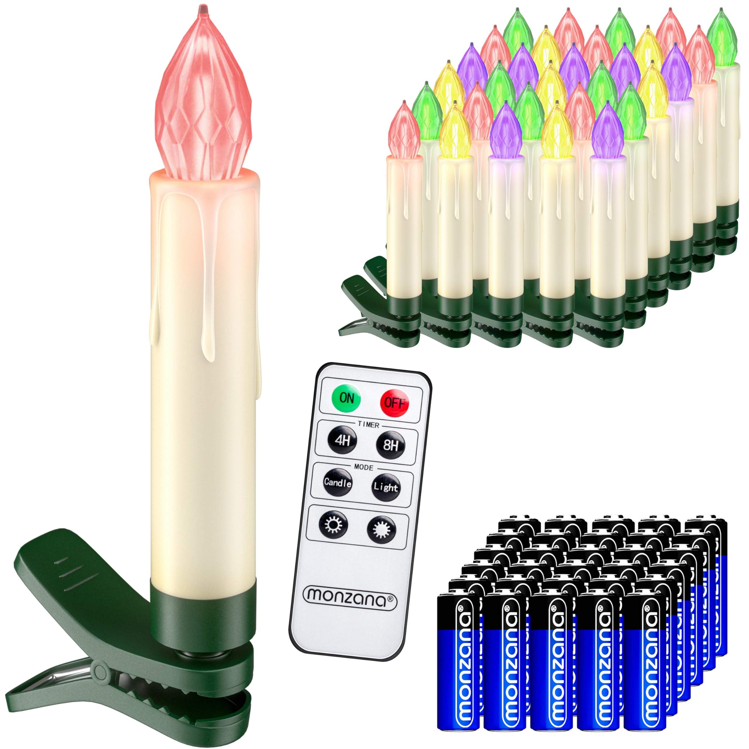 MONZANA® 30x Clip On Candles for Christmas Tree with Batteries | Flickering LED Christmas Tree Candle Lights | Multi Coloured Flameless Candles | Dimmable Timer Remote LED Candle | Xmas Decorations