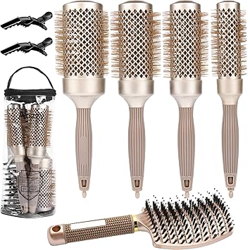 5PCS Round Brush for Blow Drying, Round Brush Set with Boar Bristle Curved Vented Hair Brush, Nano Thermal Ceramic & Ionic Tech Round HairBrush for Drying, Styling, Make Hair Healthy, Shiny, and Soft