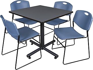 Regency Kobe 42-Inch Square Breakroom Table, Grey, and 4 Zeng Stack Chairs, Blue