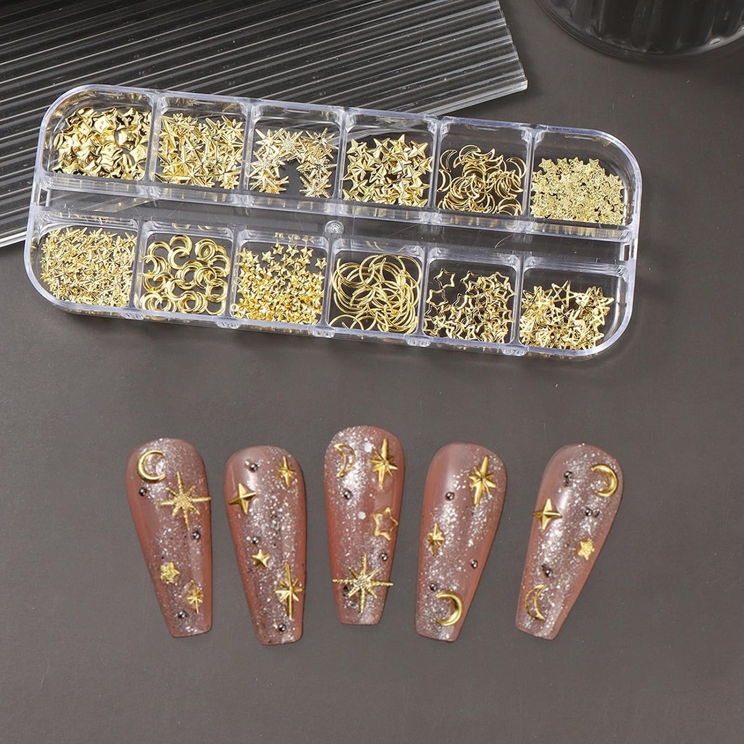 3200Pcs Star and Moon Nail Charms Bulk, Silver & Gold Stars Nail Art Charm Metal Nail Jewelry Studs Gems Nail Art Decoration for DIY 3D Charms for Nails Design Supplies