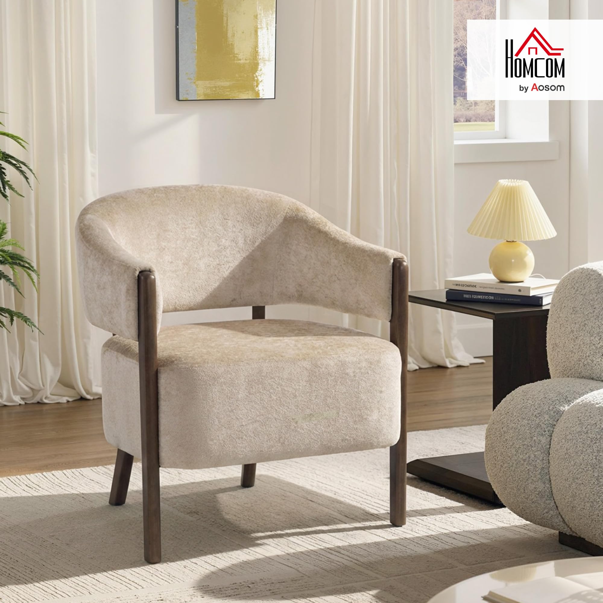 HOMCOM Poltrona Salotto Elegante in Ciniglia Poltroncina Moderna Beige | Struttura e Gambe in Legno Massello, per Soggiorno e Camera da Letto