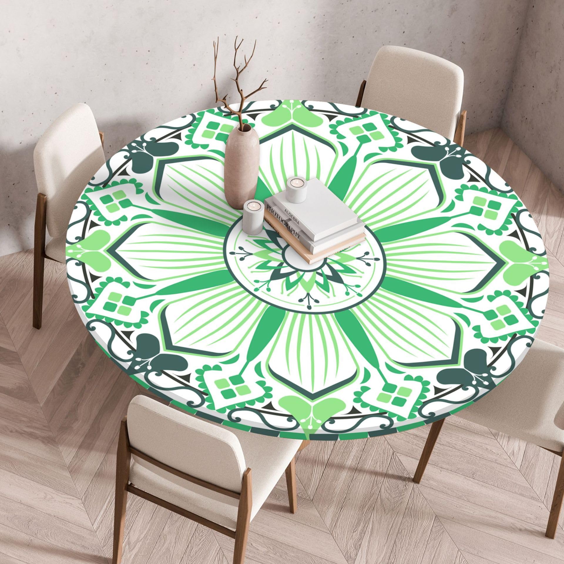 Tischdecke Rund 120 cm Retro Green Mandala Gartentischdecke Wetterfest Elastisch Abwaschbar Runde Tischdecke Outdoor Indoor Wiederverwendbare Table Cloth für Garten Restaurant