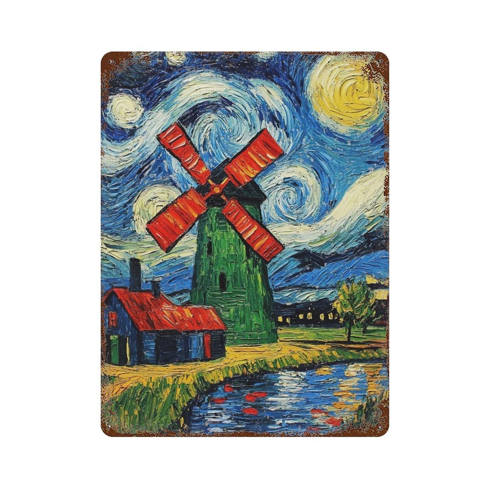 Starry Night Windmill 15.7"x11.8" Aged Metal Wall Plaque, Retro Wall Decor for Farmhouse, Kitchen And Entryway Decor