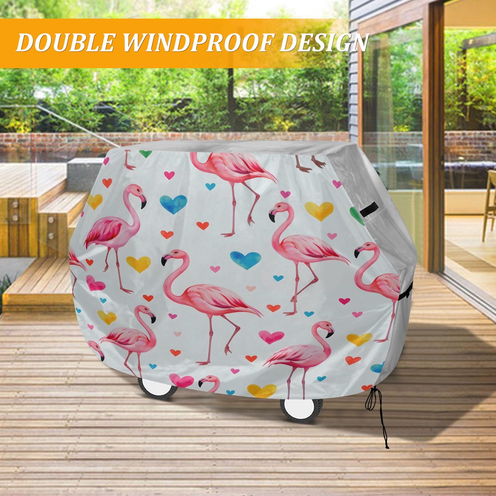 Copertura per barbecue di alta qualità, impermeabile, resistente allo sbiadimento, resistente, adatta per griglie fino a 63 cm, motivo fenicottero