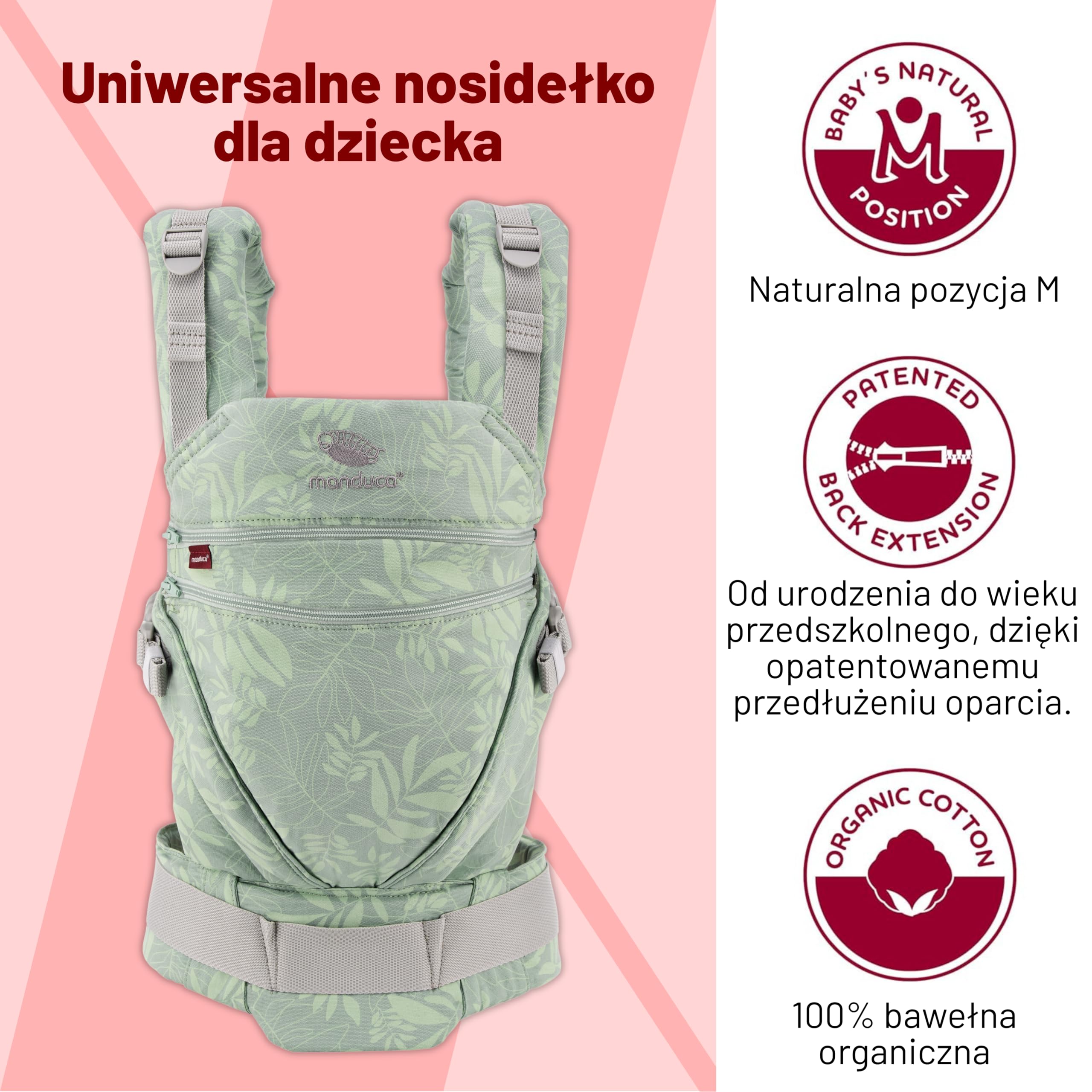 manduca XT nosidełko dziecięce – regulowane siedzisko, które rośnie wraz z dzieckiem – nosidełko dla niemowląt z bawełny organicznej z 3 możliwościami noszenia, zielony botaniczny