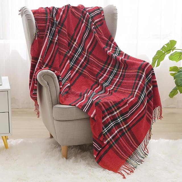 Beskie Chenille Throw Blanket for Sofa Couch Bed Travel | Red Black TartanPlaid Pattern Check Home DecorDecorative Throw Blankets | Warm CozyChristmas Blanket with Ruffles| 50" x 60"
