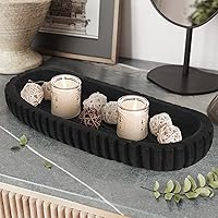 Vista 9 de Oakrain Cuenco decorativo de madera para decoración del hogar, cuenco de masa rústico de 16 pulgadas con rayas verticales talladas a mano, bandeja