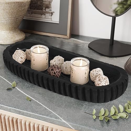 Vista 9 de Oakrain Cuenco decorativo de madera para decoración del hogar, cuenco de masa rústico de 16 pulgadas con rayas verticales talladas a mano, bandeja