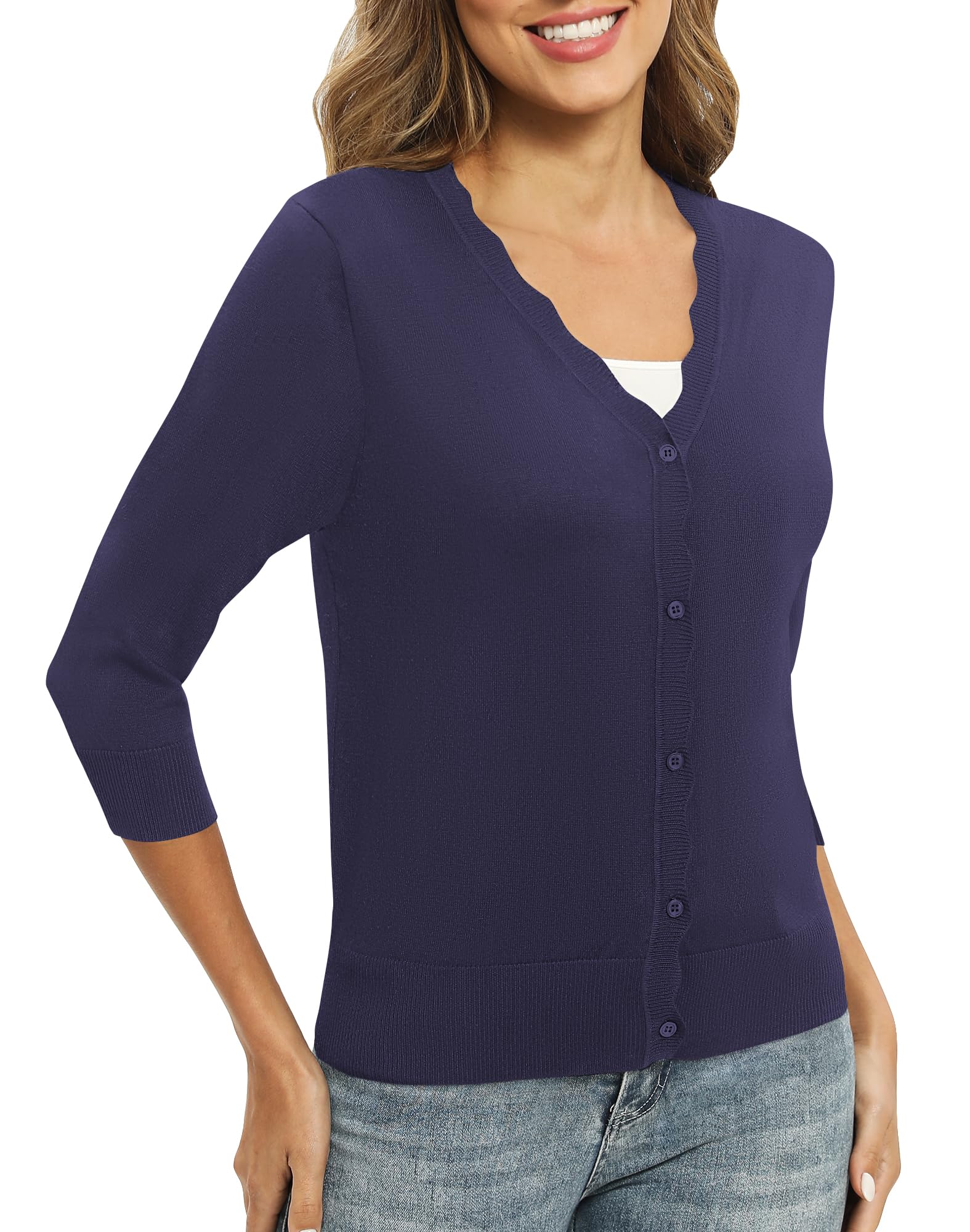 EXCHIC Femmes Daily 3/4 Manches Bouton Down Pulls Col en V Couleur Unie élastique Léger Mince Tricot Cardigan
