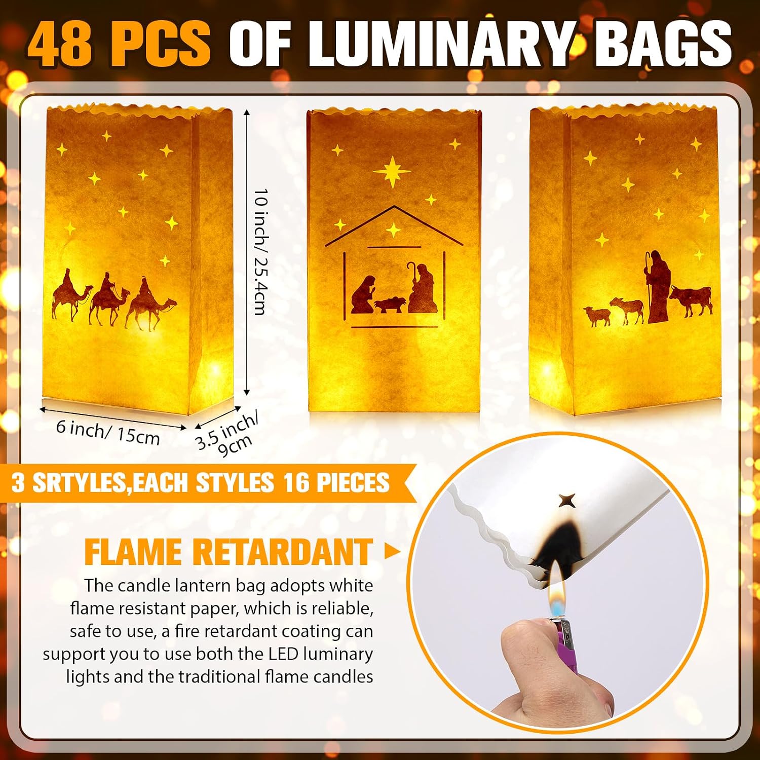 48 Pcs Christmas Nativity Luminary Bags Bulk Religious Christian Paper White Candle Lantern Bag 10 x 6 x 3.5Inch Fire Retardant Paper Jesus Luminaria Lantern for Christmas Winter Party Decor