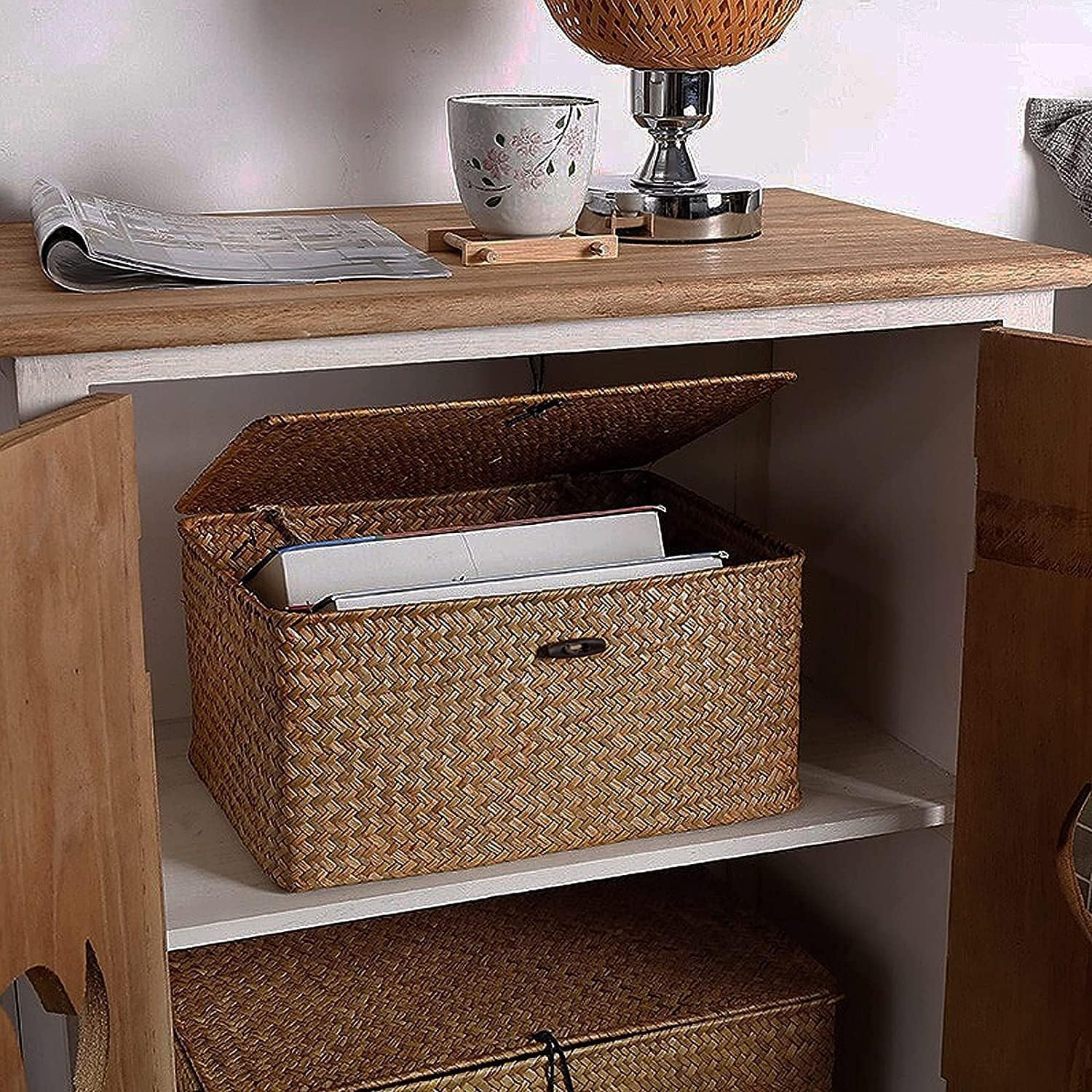 Lot de 4 Panier de Rangement en Osier Tressé,Panier Rotin Osier Couvercle Naturel BoîTe de Rangement en Tressé Avec Couvercle Organiseur de Maquillage pour Salle de Bains,Salon,Cuisine
