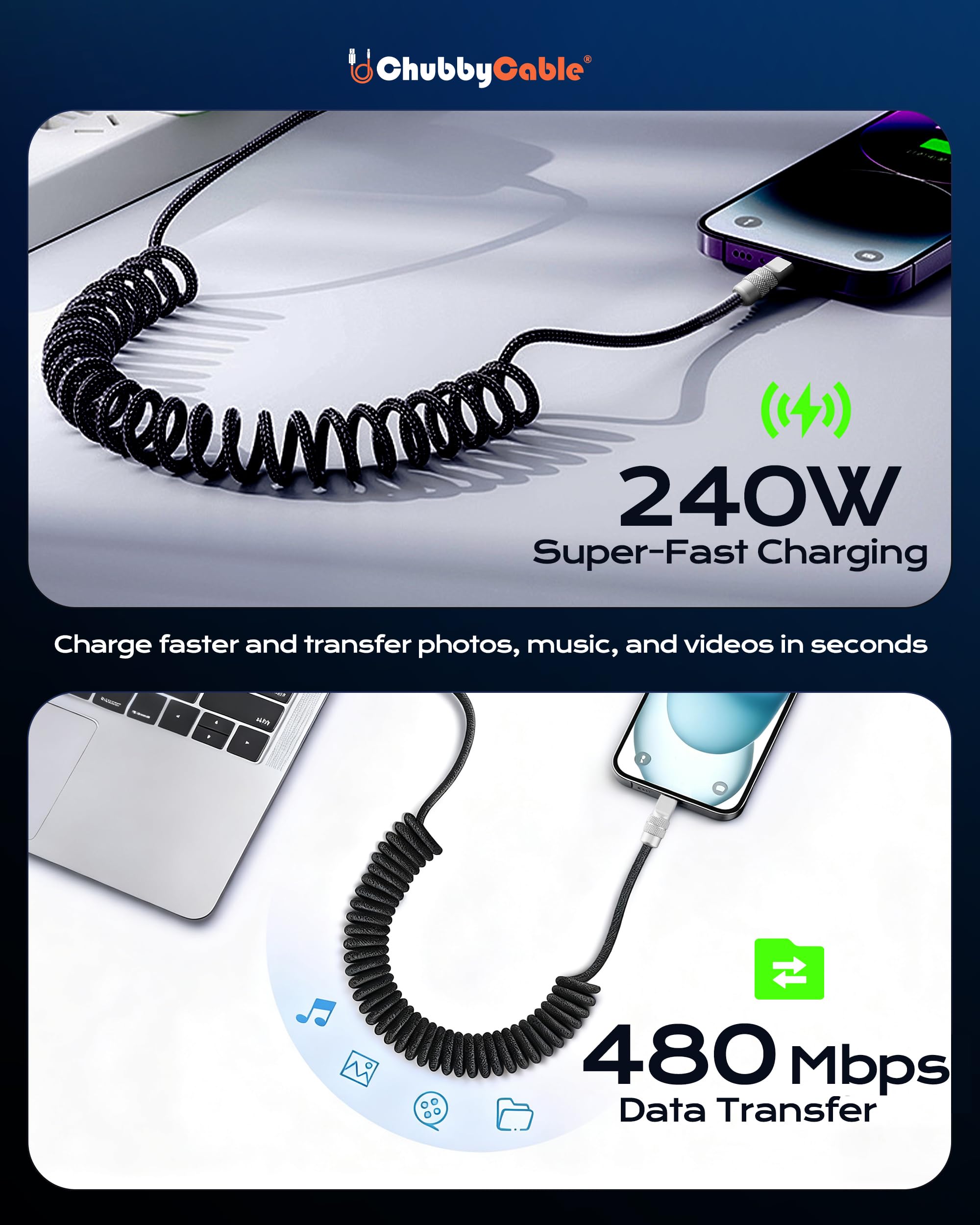 Curly Chubby Autofreundliches Schnellladekabel Langlebiges USB A auf Typ C Ladekabel Anschluss für Handys, Tablets und mehr, Grau, CC