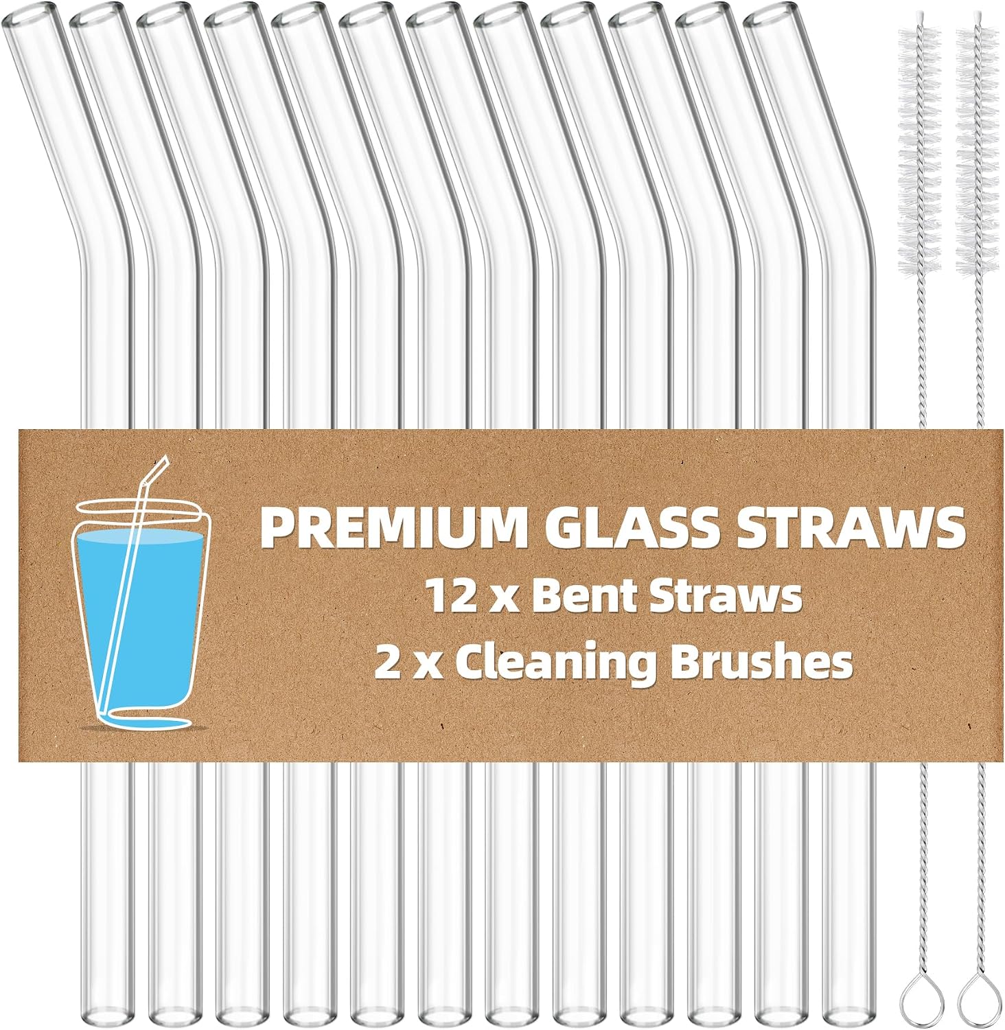 12 Pack Reusable Glass Straw, 8.5" x 10MM Bent Clear Glass Drinking Straws for Hot & Cold Drinks, 2 Cleaning Brushes Included