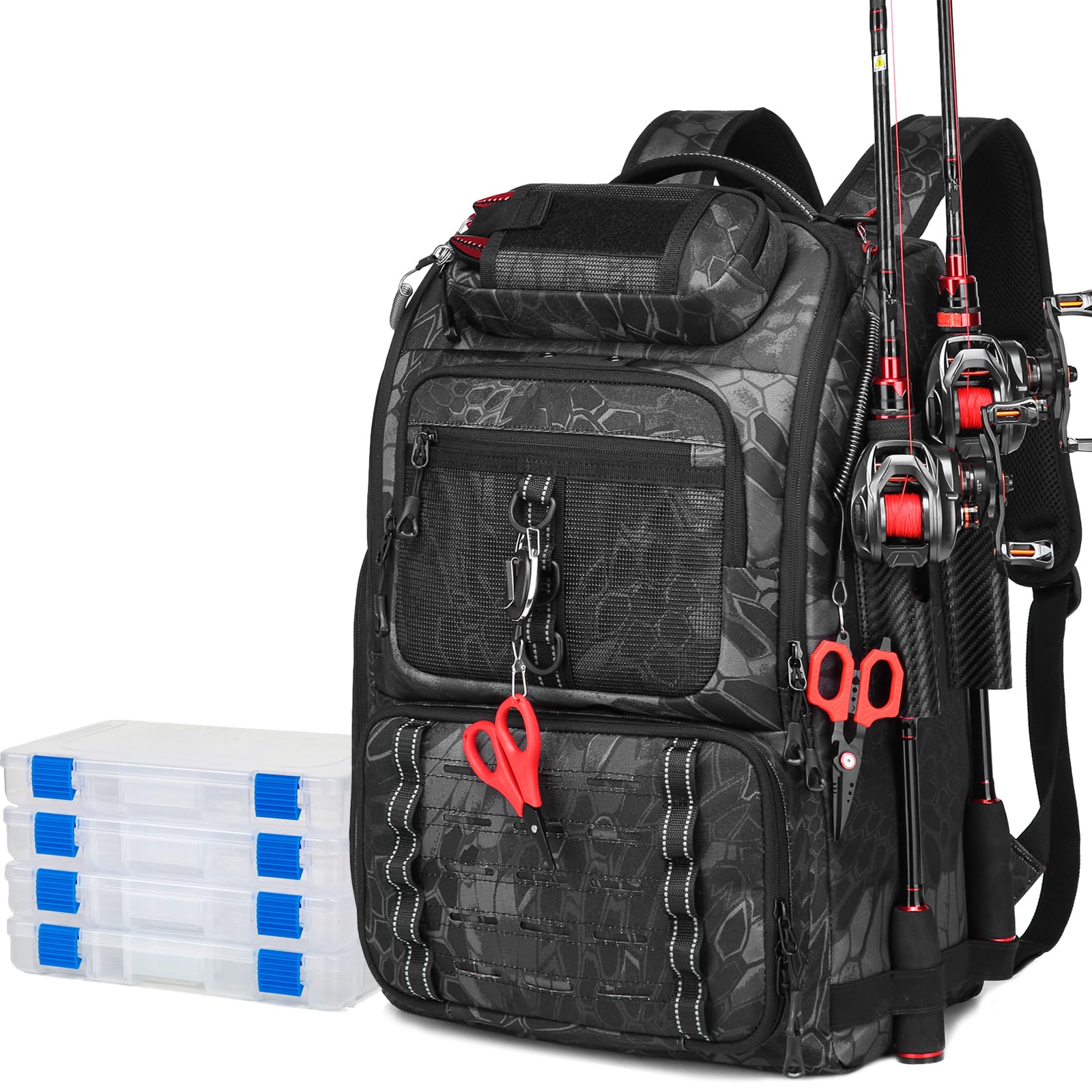 Fishing Tackle Backpack,Tackle Bags with 2 Rod Holders,Water-Resistant Tackle Bag Storage Bag for Fishing Gear(Black,4 Tackle Boxes)