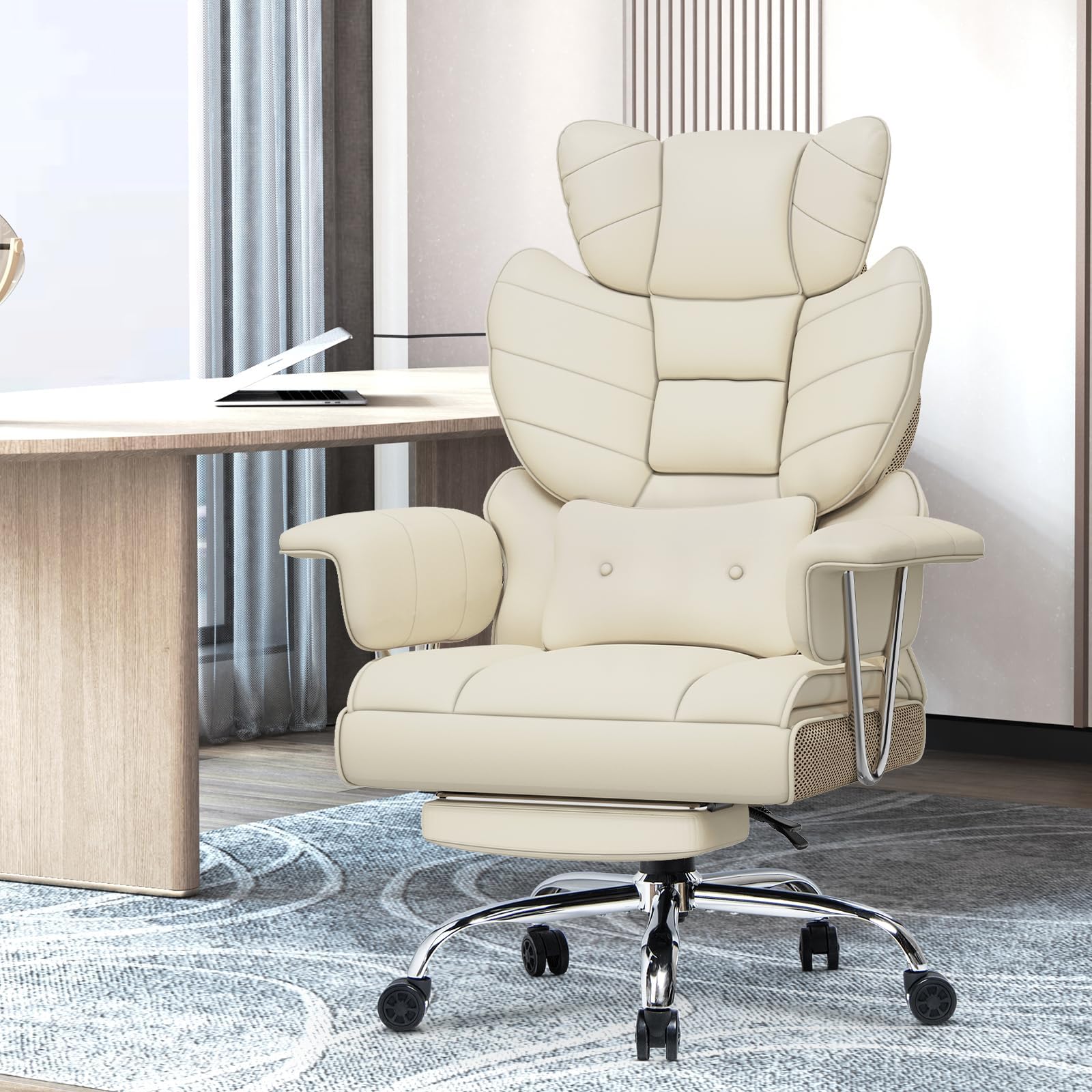 Ergonomic Executive Home Office Desk Chair with Footrest, Big Tall Adjustable Headrest Computer Leather PU Recliner, Comfy Upgraded Cushion with Springs, Beige Cross Legged Heavy Duty Swivel Chair