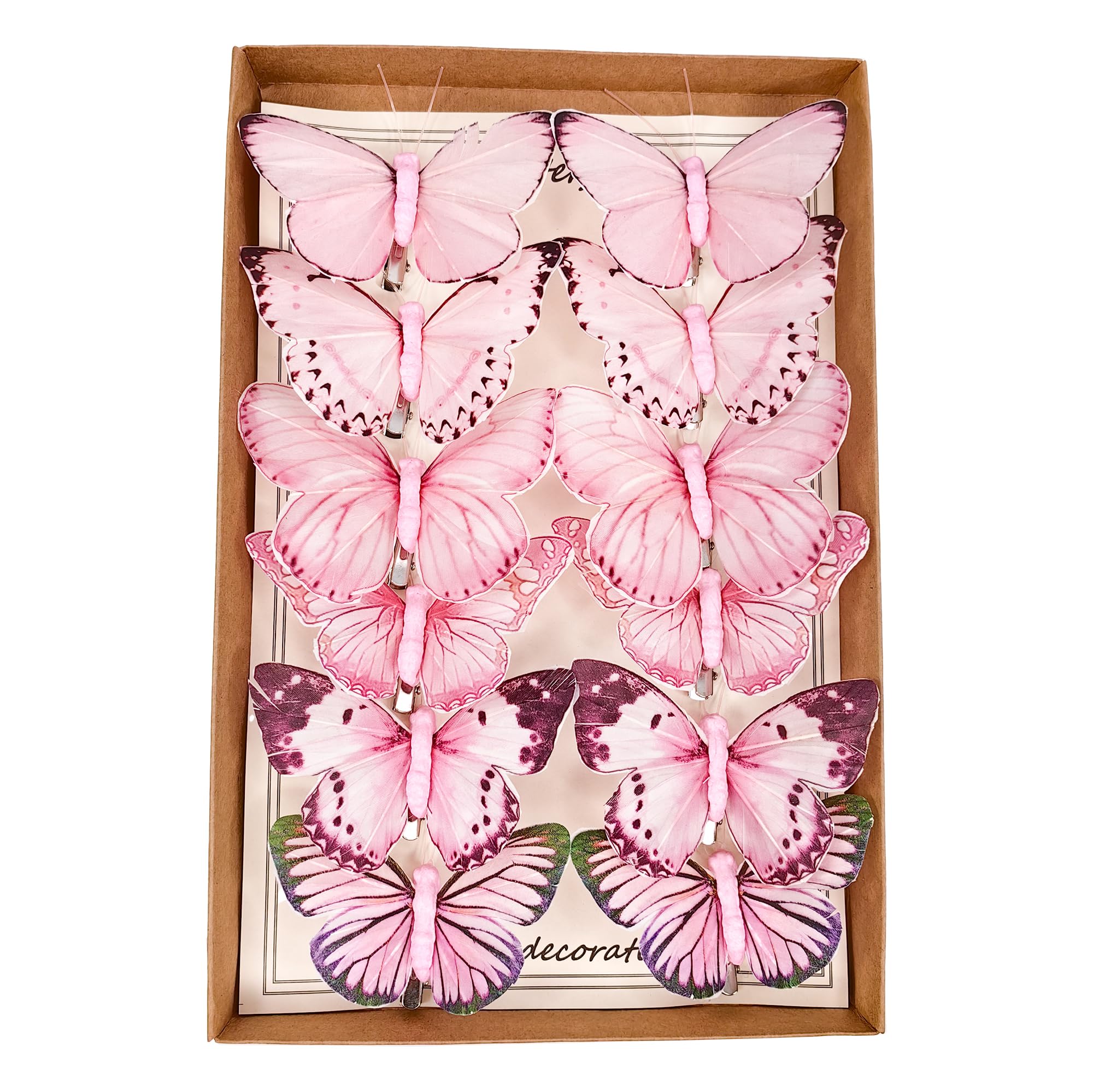 Sztuczne pióro 3D Motyl dekoracje imprezowe zestaw 12 sztuk z klipsem, 6 kolorów różowych ozdób do dekoracji wnętrz, dekoracji na przyjęcie urodzinowe.